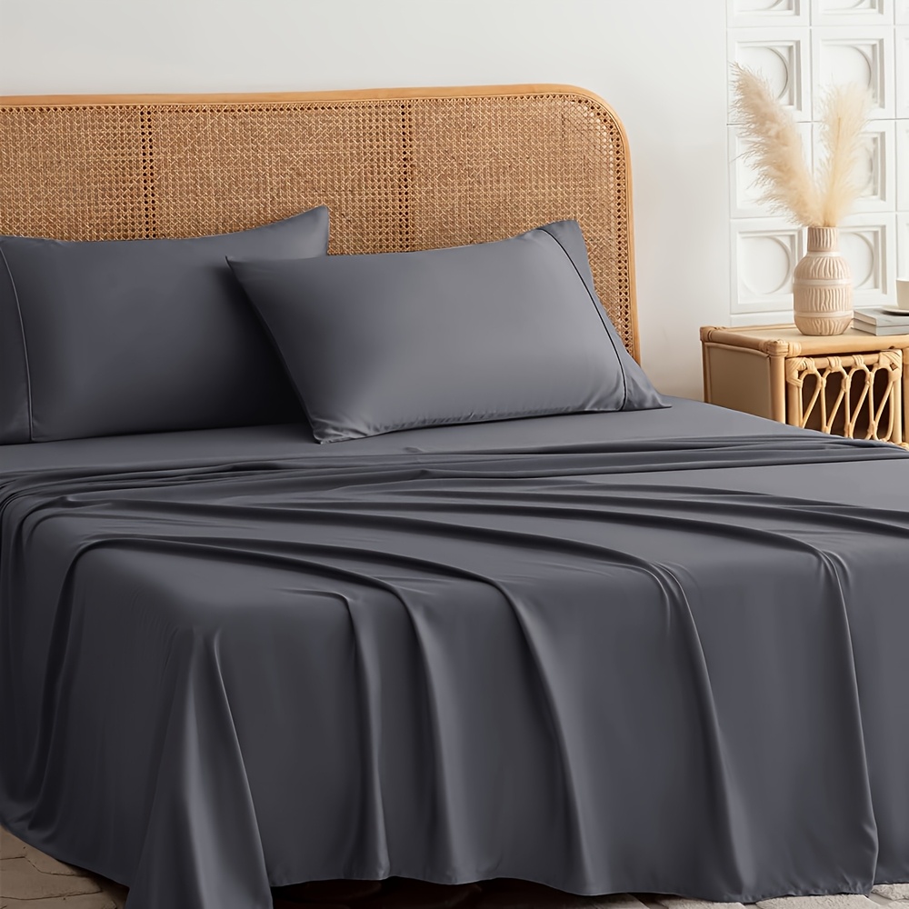 TEMU 4pcs 100% Breathable Bamboo Blend Bed Sheet Set, Deep Pocket 16" Bed Sheet, Sheets & Cooling Silky Sheet Set Fitted Sheet+flat Sheet+pillowcase