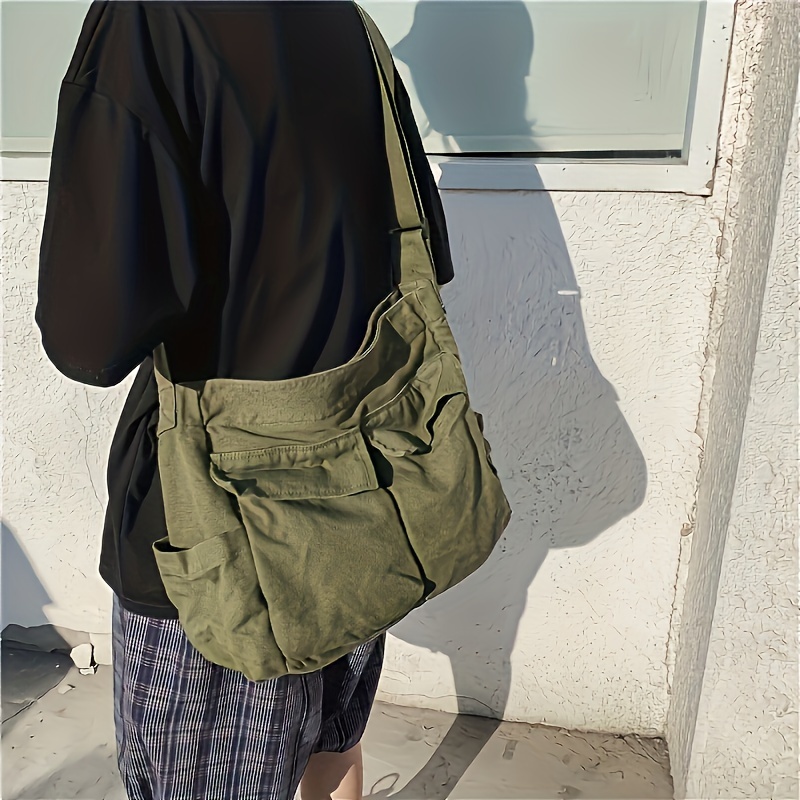 

Vintage Canvas Shoulder Bag Casual Travel Crossbody With Multiple Pockets Solid Color Zip Closure Polyester Lined Unisex Messenger Bag