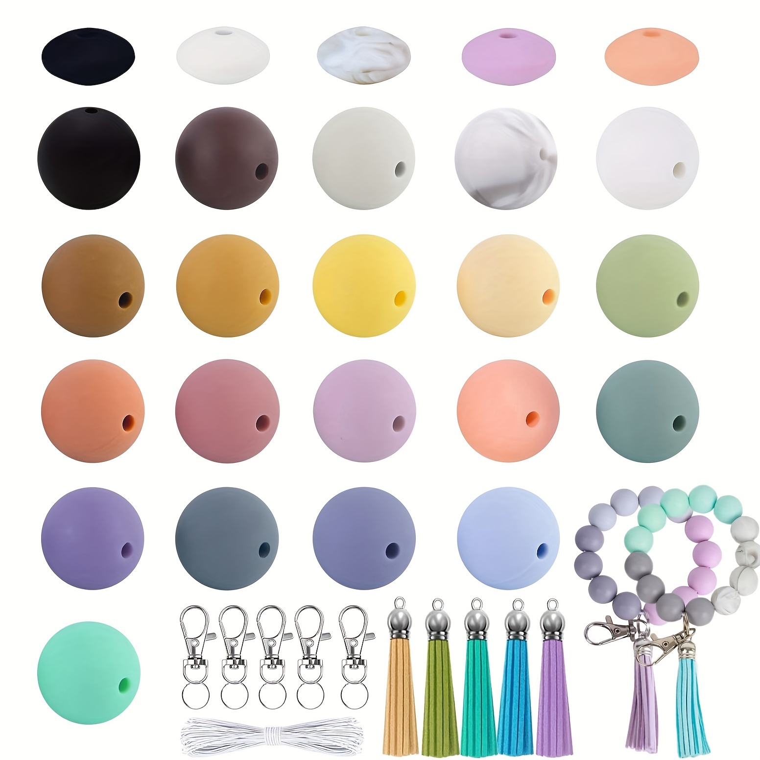 

230-piece Silicone Bead Kit - 15mm Assorted Shapes & Styles With Keychain Tassels For Diy Bracelets, Necklaces & Jewelry Crafting