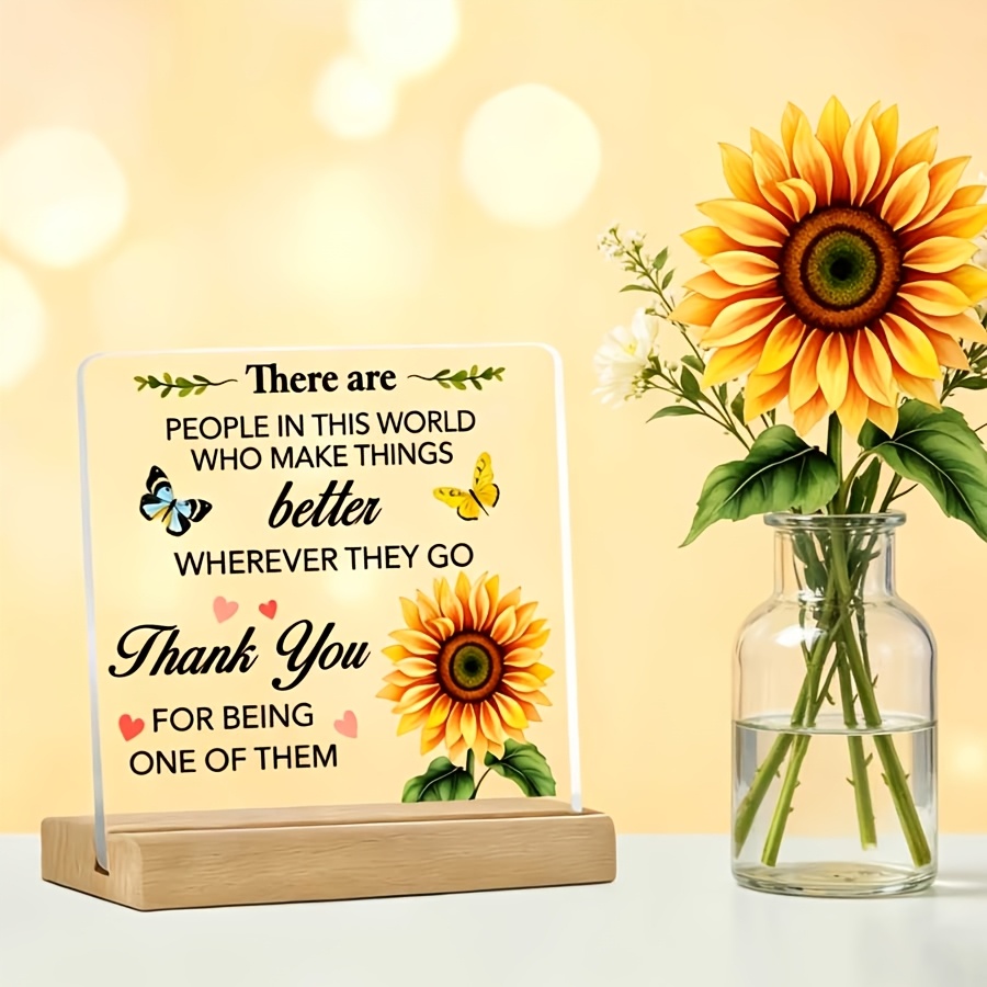TEMU 2d Flat, Award, . An Elegant Square Acrylic Gratitude Plaque With A Base - Featuring An Inspirational Quote And Sunflower Design, A Transparent