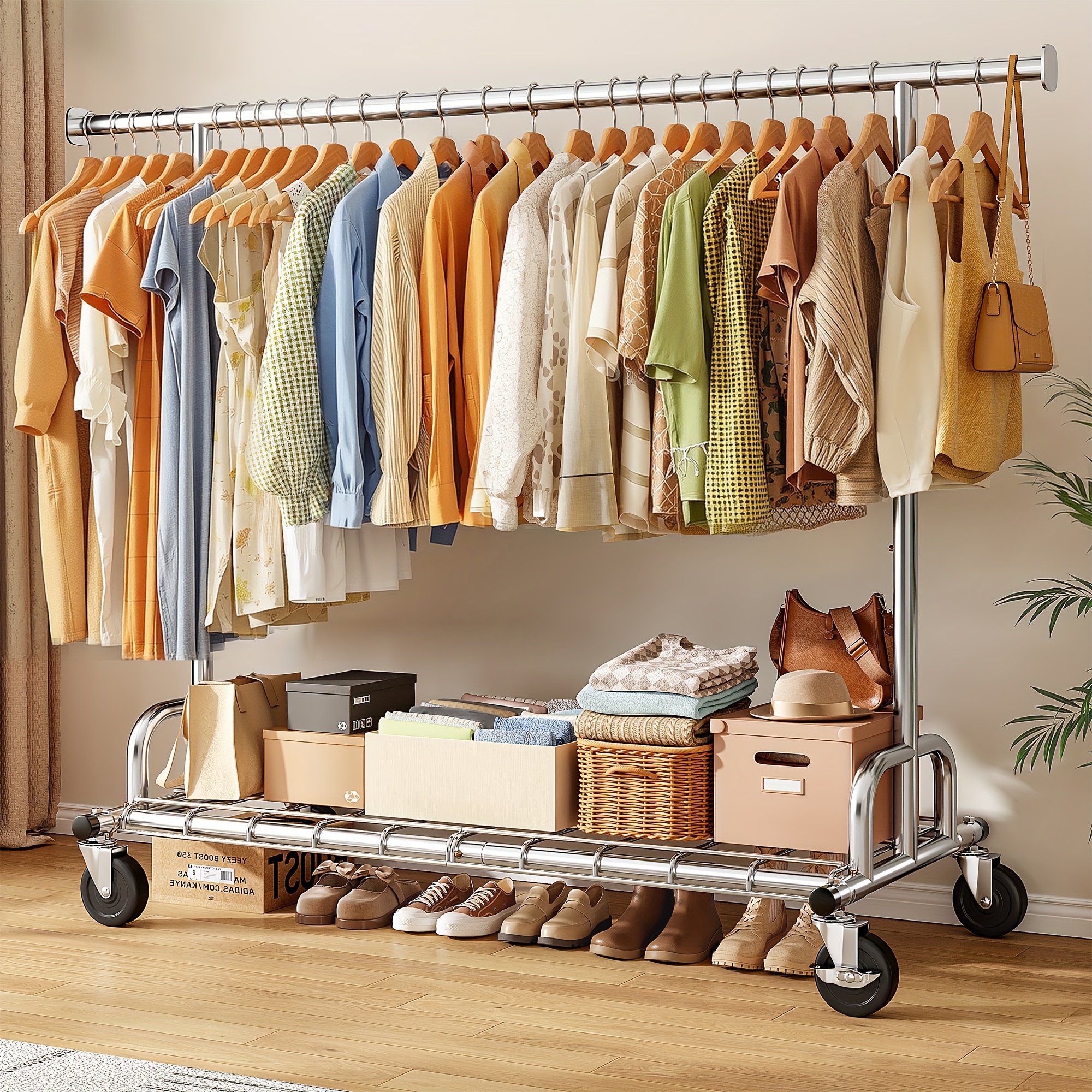 Image of Heavy Duty Clothes Rack Load 480lbs, Clothing Racks For Hanging Clothes, Adjustable Rolling Clothes Rack With Wheels, Garment Rack For Bedroom, Laundry Room, Commercial Use, 71" H X 22" D X 75" W