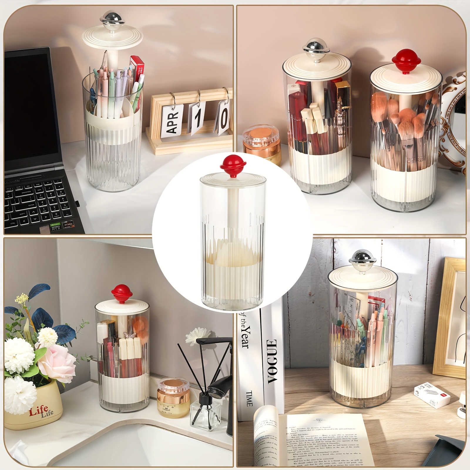 automatic raising makeup brush organizer with lid transparent waterproof dustproof storage holder for vanity bathroom   hair clogging random color makeup storage solution modern aesthetic organizer durable plastic material makeup organizer storage vanity organizer Product details 3