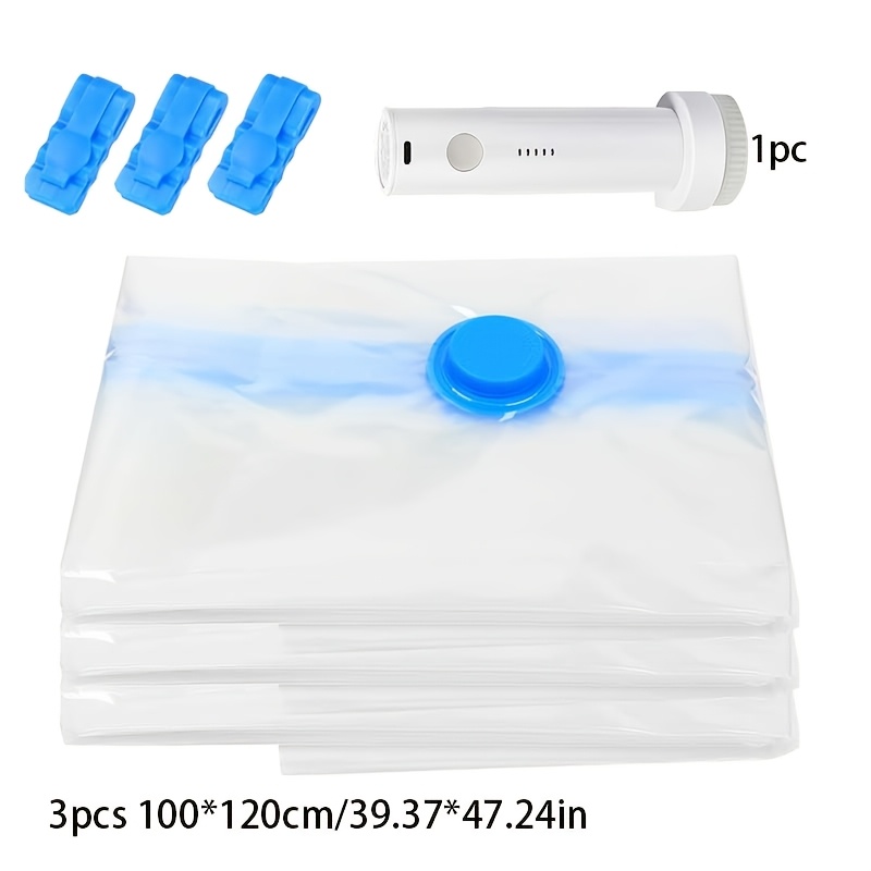 TEMU 3pcs 100 X 120cm And 1pc Electric Pump, Travel Compression Bags For Clothing, Vacuum Storage Bags, Vacuum Packing Bags, Vacuum Preservation Bags
