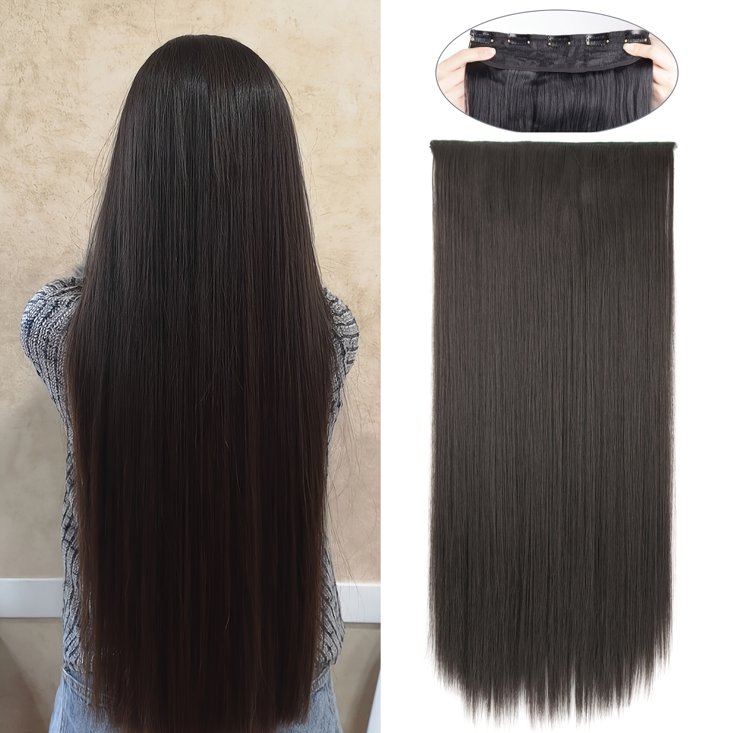 TEMU Clip In Hair Extensions Dark Brown Long Straight Hair Heat Resistant Fiber Synthetic Hairpiece For Women Use