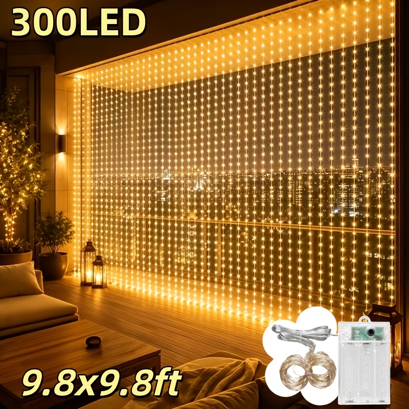 TEMU Cortina de luces de colgantes de 300 LED, 8 de iluminación, 10x10 pies, adecuada para decoración de interior y exterior, proporciona iluminación