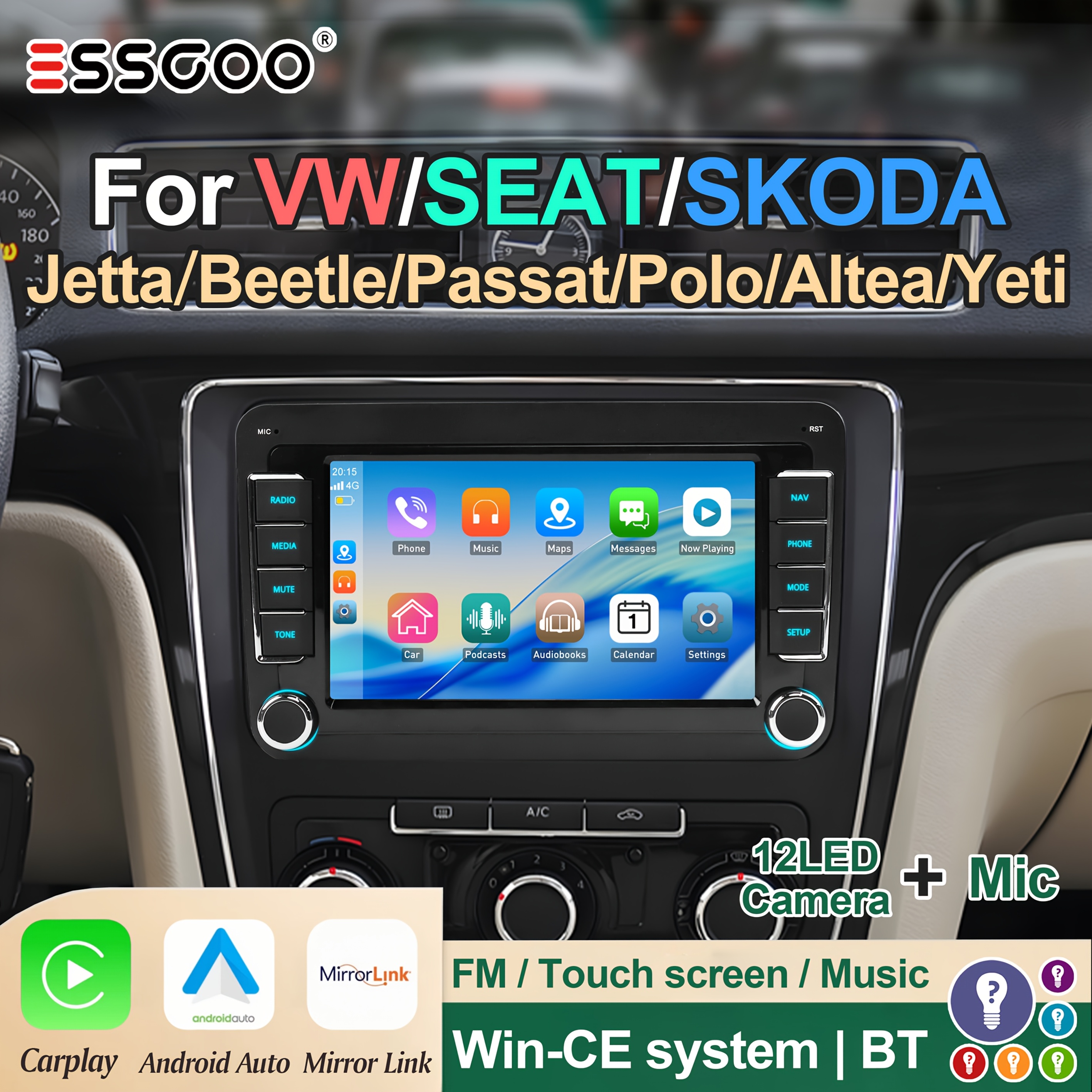 Image of Essgoo 7 Inch Wince Car Radio For Vw Seat Jetta Altea , Touch Screen Carplay Auto , Wireless 5.0 Rds Am Fm Receiver With Camera Input, Free Backup Camera & Mic