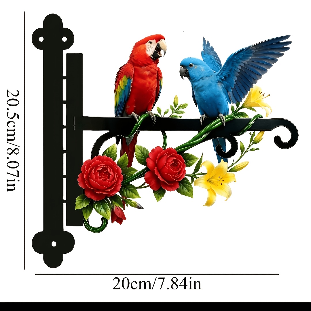 TEMU 2d Flat, 2d Metal 1.2mm Thickness Double-sided Color Printed Parrot And Flower Themed Wall-mounted Outdoor Hook Rod, Vibrant Colors, Rust-proof