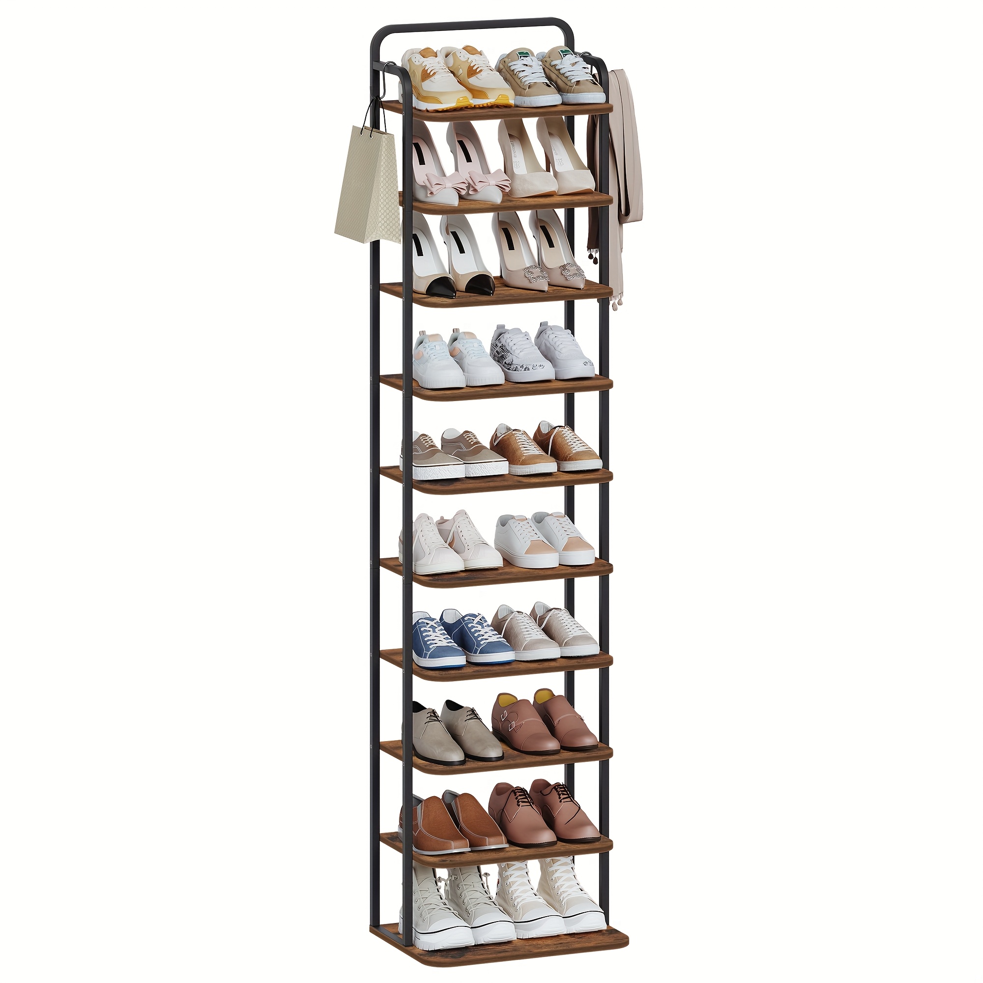 Vertical Shoe Rack, Shoe Rack, Shoe Tower For Small Spaces, Freestanding, Adjustable, Space , 10 Layers, Brown And Black