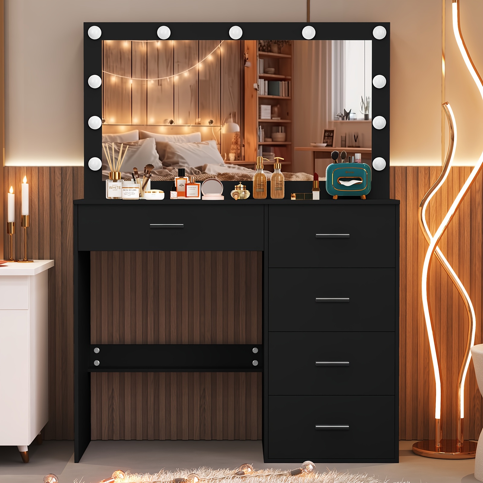     black dresser with large 11 led led bulbs adjustable pattern usb powered scandinavian   hardwood vanity organizer 3 2 cu ft storage 27   assembly dresser vanity desk modern aesthetic wood grain texture Product details 1