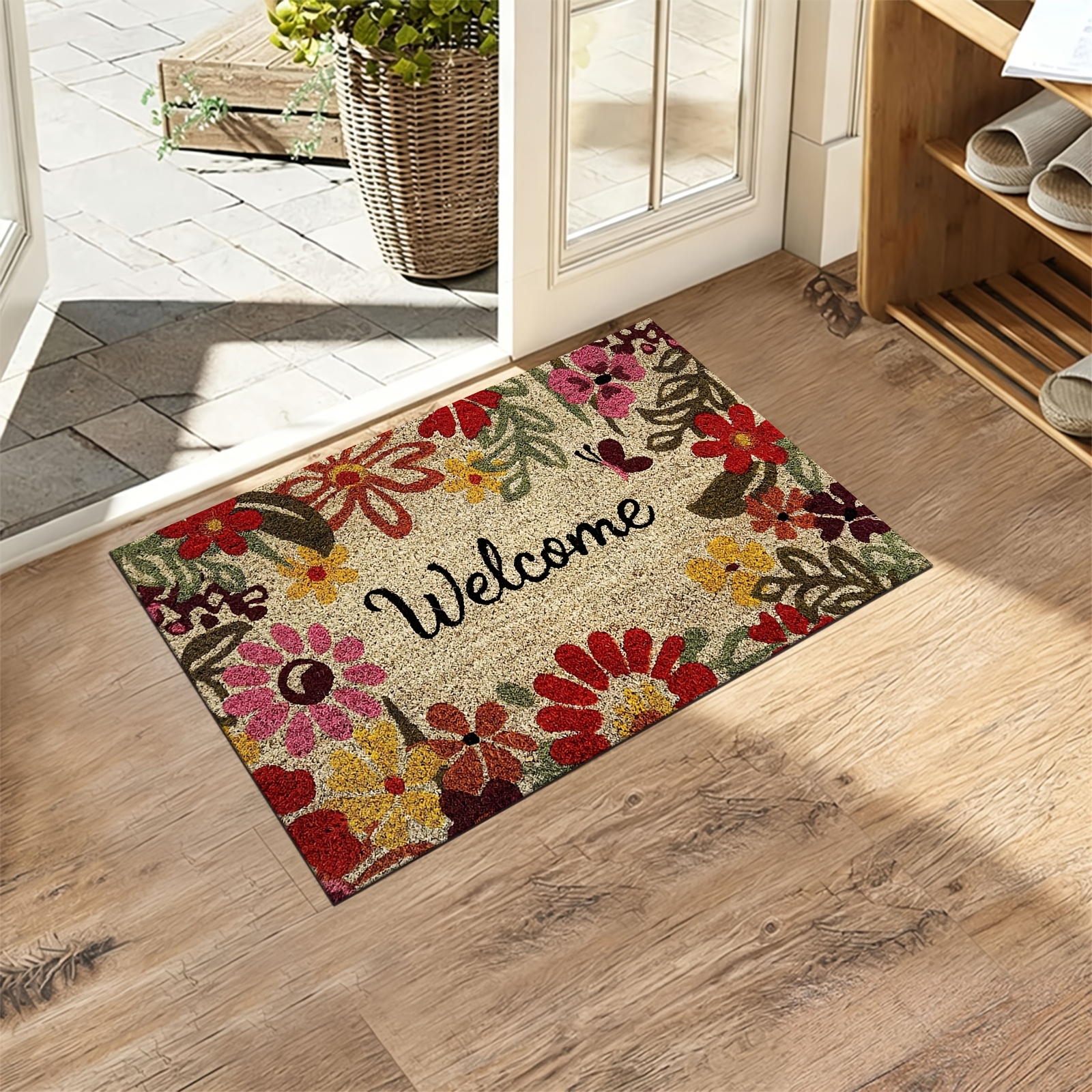 TEMU 1pc Welcome Outdoor Doormat With Multicolor Floral Pattern, 800g/sqm, Rectangular Knitted Polyester, Machine Washable Non-slip Indoor Outdoor