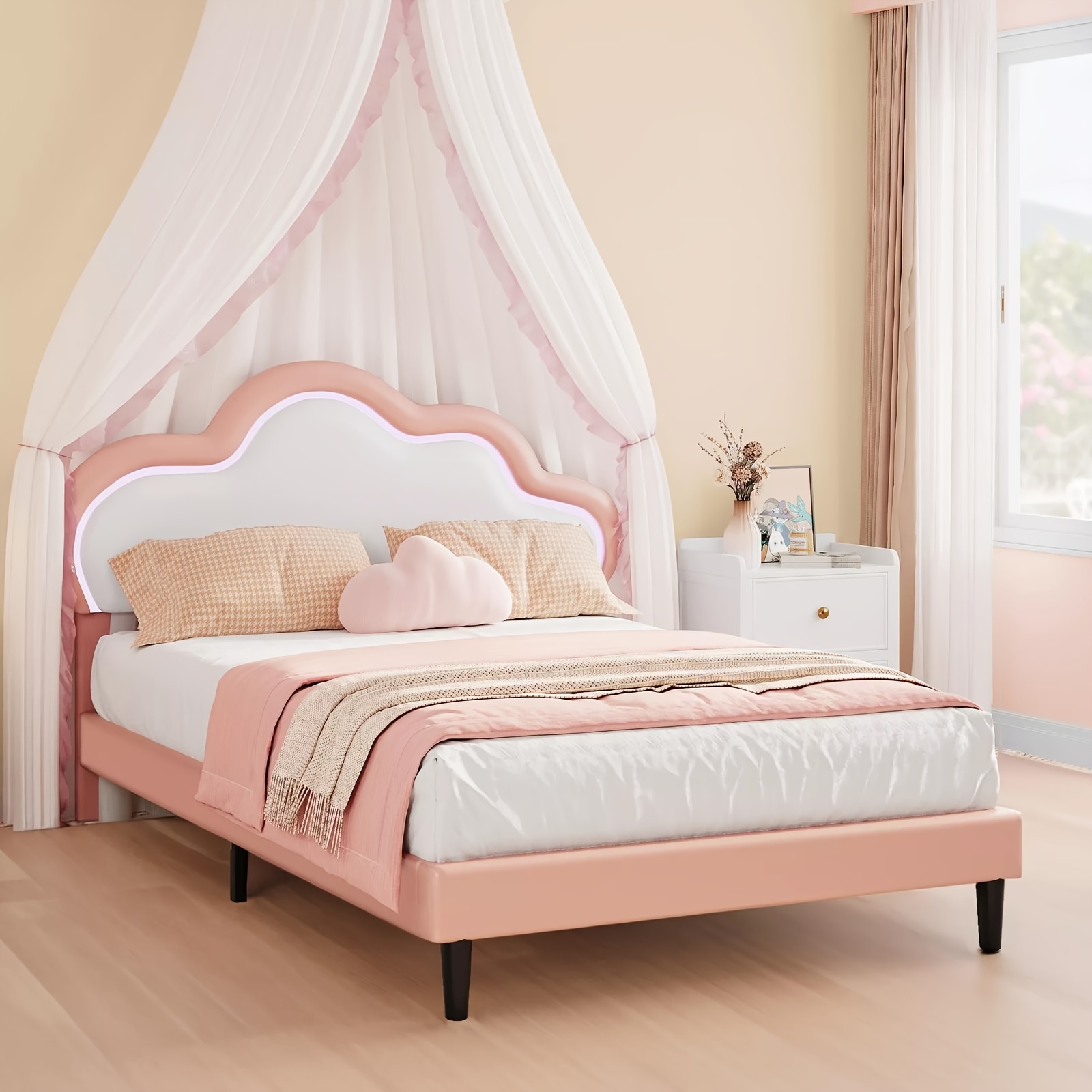 

Twin Size Bed Frame, Led Bed Frame With Pu Leather Adjustable Headboard, Platform Upholstered Bed Frame With Wooden Slats Support, Spring Needed, Easy , Pink