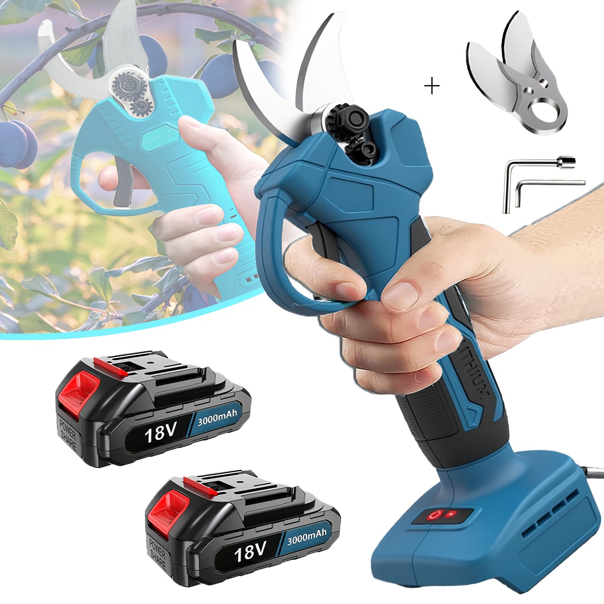 Image of Cordless Electric Pruning Shears Scissors, 400w Garden Branch Pruner Tool, With 2x 3000mah Batteries, Compatible With Makita Battery, For Pruning Trees, Shrubs, Fruit Trees