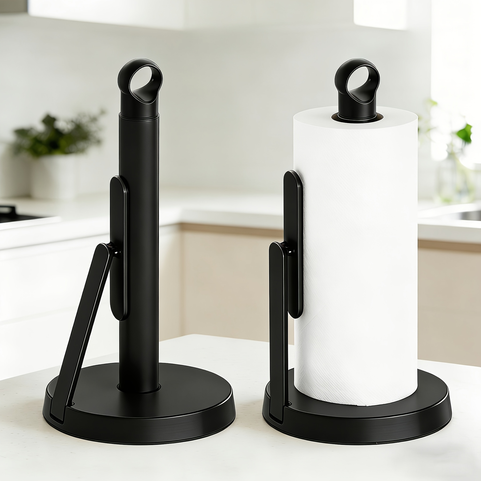 TEMU Heavy-duty Stainless Steel Paper Towel Holder With Tension Arm--handed Tear, Modern Standing Countertop Dispenser For Kitchen, Holds All Paper Towel Rolls