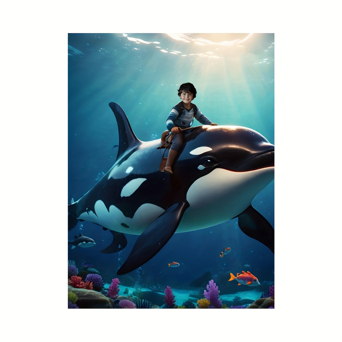 TEMU 2d Flat, 2d Flat, A Personalized Portrait Poster, Featuring A Riding A Killer Whale , Perfect For Decorating Rooms, Kindergartens, And As Wall