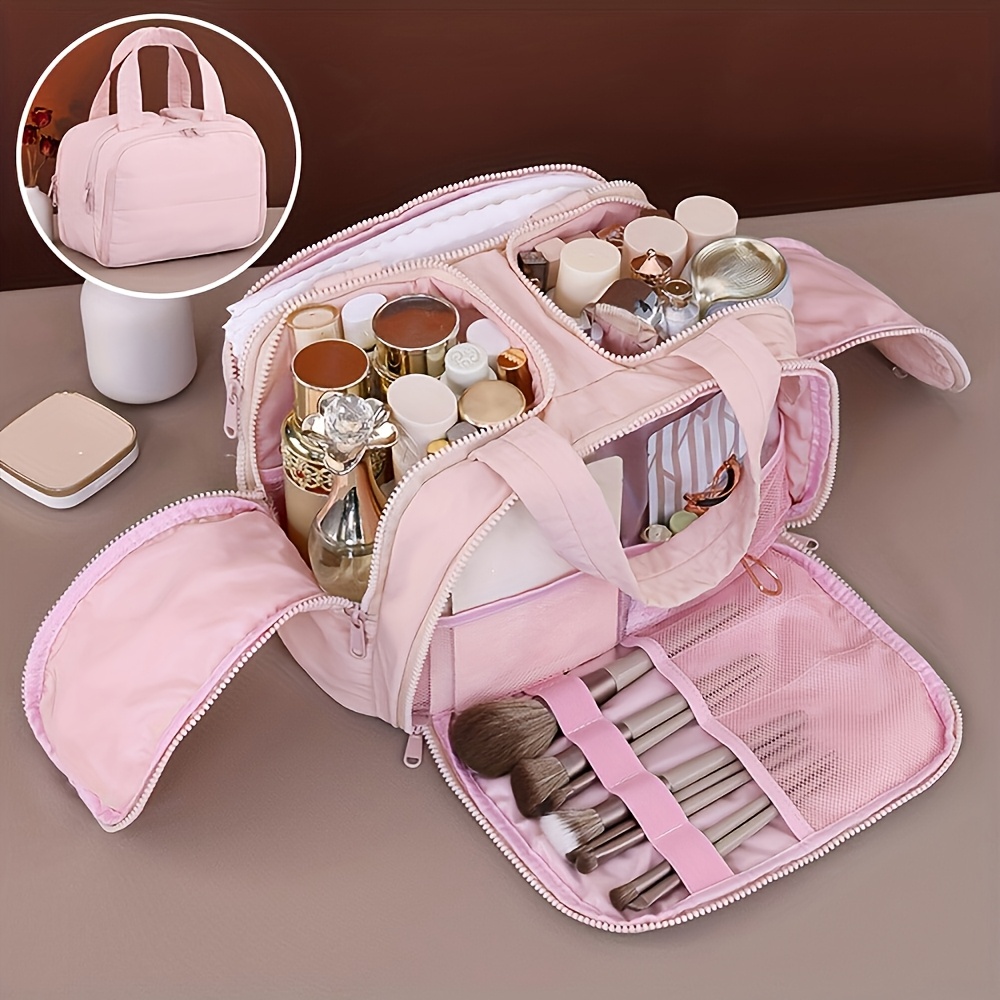 TEMU Opening Makeup Bag, Large Capacity Fluffy Toiletry Bag, Portable Storage Bag For And Business Trips