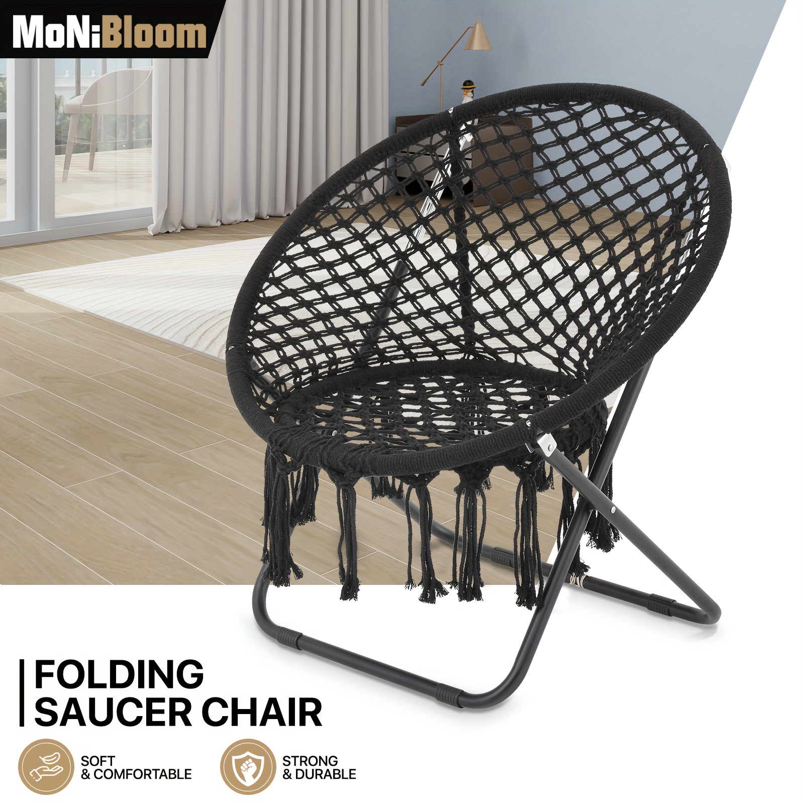 

Monibloom Round Foldable Saucer Chair For Bedroom Living Room Chair, Folding Metal Frame Comfy Lounge Lazy Cozy Moon Chair With Tassels For Adults And Teens