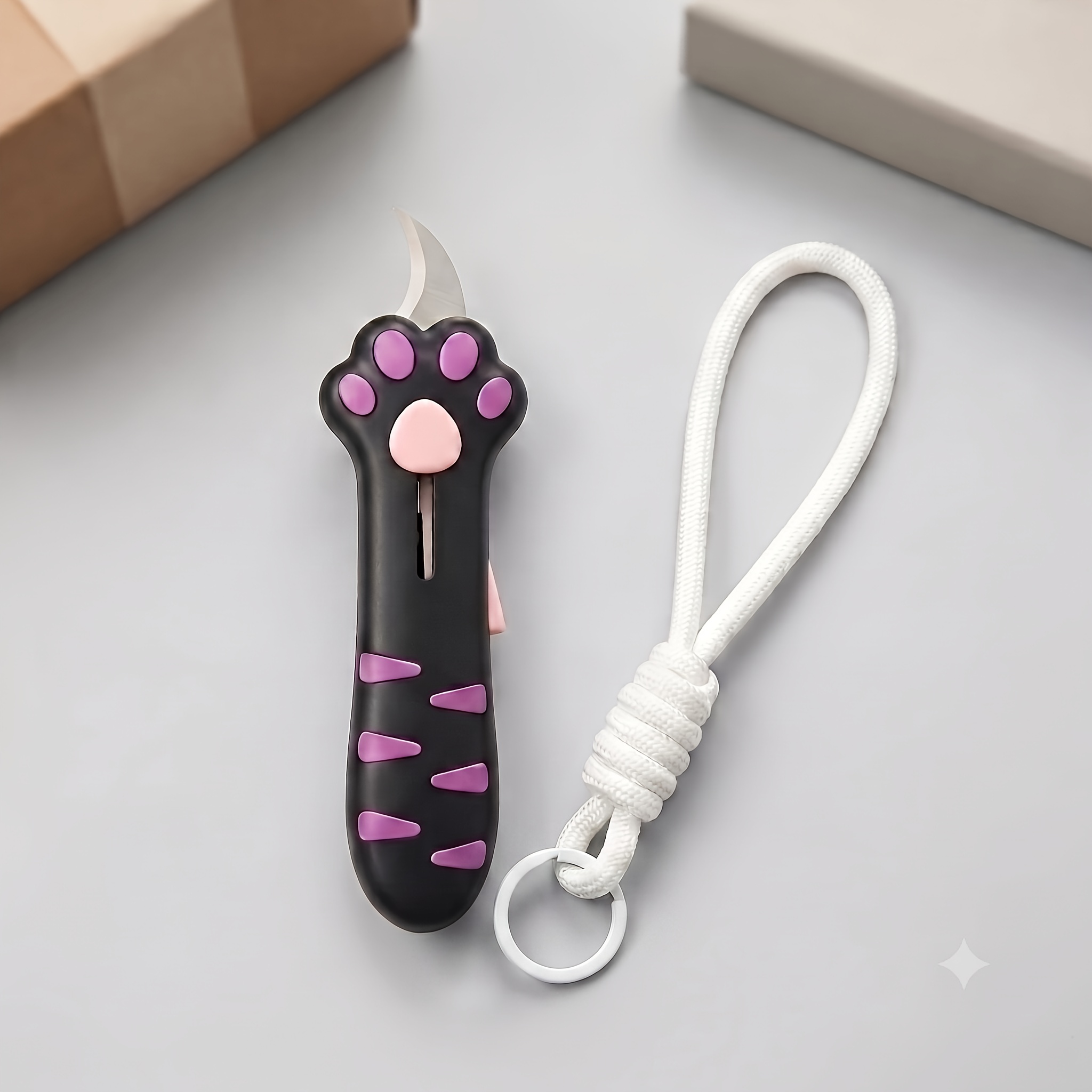 2pcs set 1 cute cat paw retractable box cutter 1 lanyard portable pocket opener anti slip handle for household package cutting crafting back to desktop accessories Product details 3