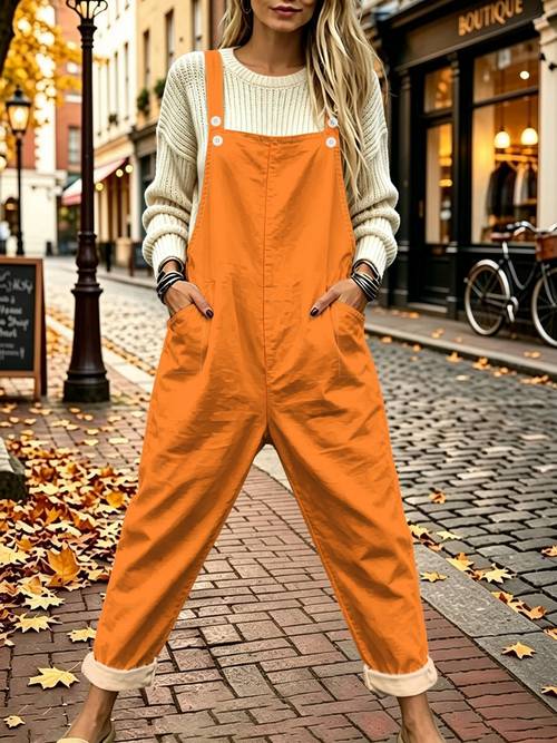 orange overalls new autumn style loose fit cargo jumpsuit pockets rolled hem straight leg casual long pants