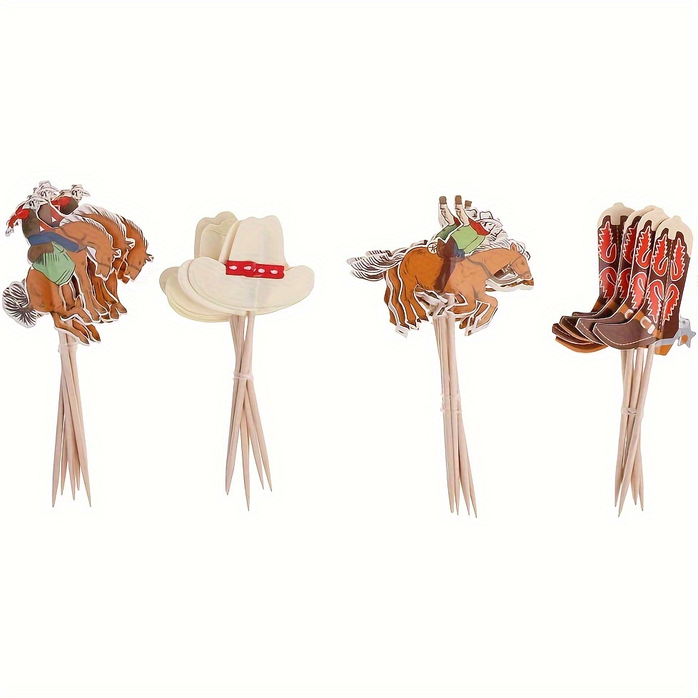 

48 Pack Cowboy Themed Cupcake Picks - Western Party Cake Decoration Toppers For Ranch-style Celebrations