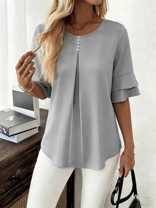 elegantes modisches sommer-lässiges, einfarbiges rundhals-hemd mit knopfleiste, ausgestellten ärmeln und rüschen