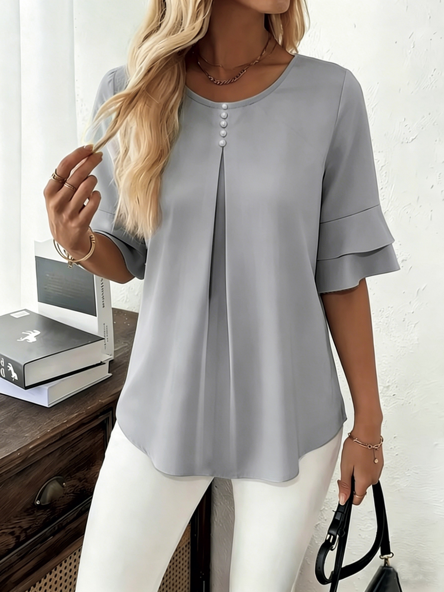 Elegant Flared Sleeve Shirt, Summer Loose Solid Round Neck Top