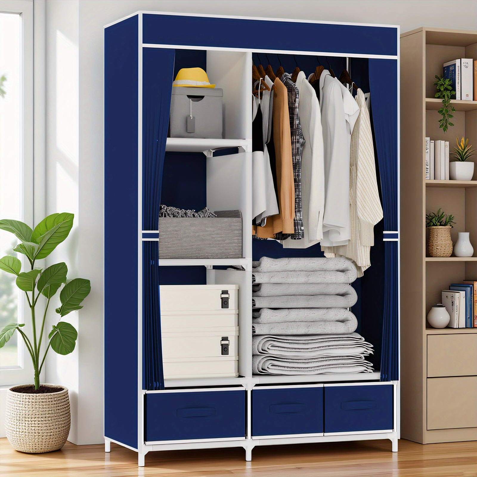 Image of Non-woven Fabric Portable Closet With 3 Drawers, Hanging Rod & 4 Side Pockets, 16mm Metal Tube Frame, For Bedroom, Living Room, Closet, Garage, Dorm, Black/coffee/grey/blue