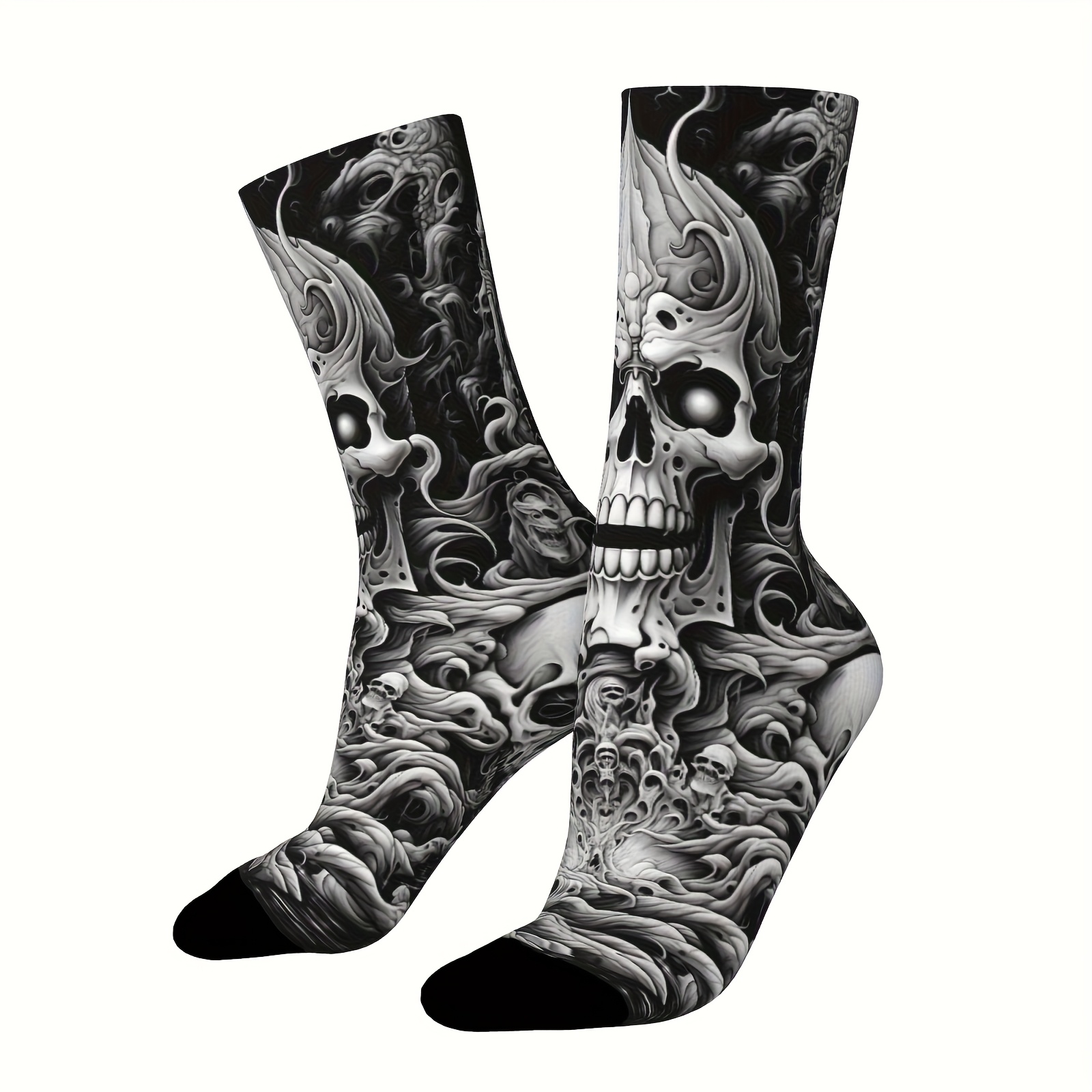 E-shop Ein Paar Unisex Outdoor-Socken mit kreativem Totenkopf- und Flammen-Design, mittlere Wadenlänge, maschinenwaschbar, geeignet für