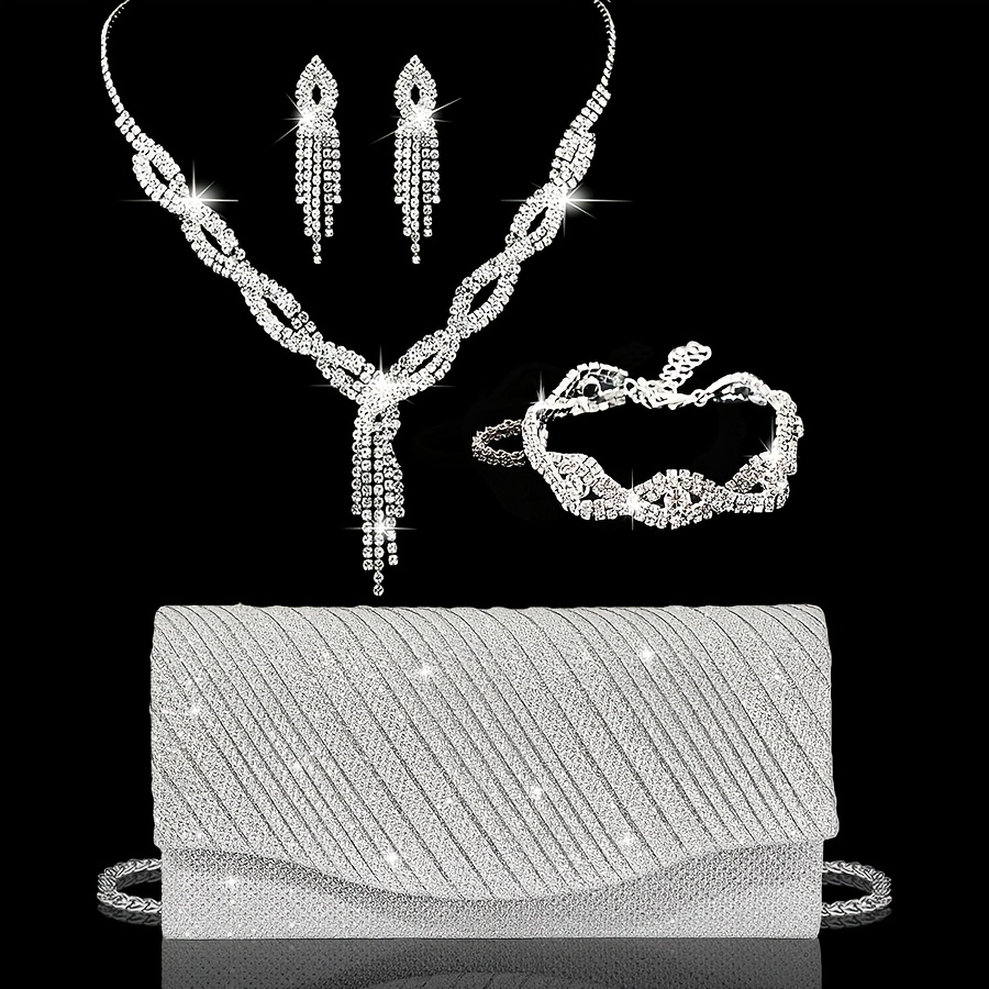 TEMU Pochette de soirée plissée et , nouveau sac de soirée et de fête élégant pour femme, accompagnée d'un ensemble de 3 pièces en strass : collier,