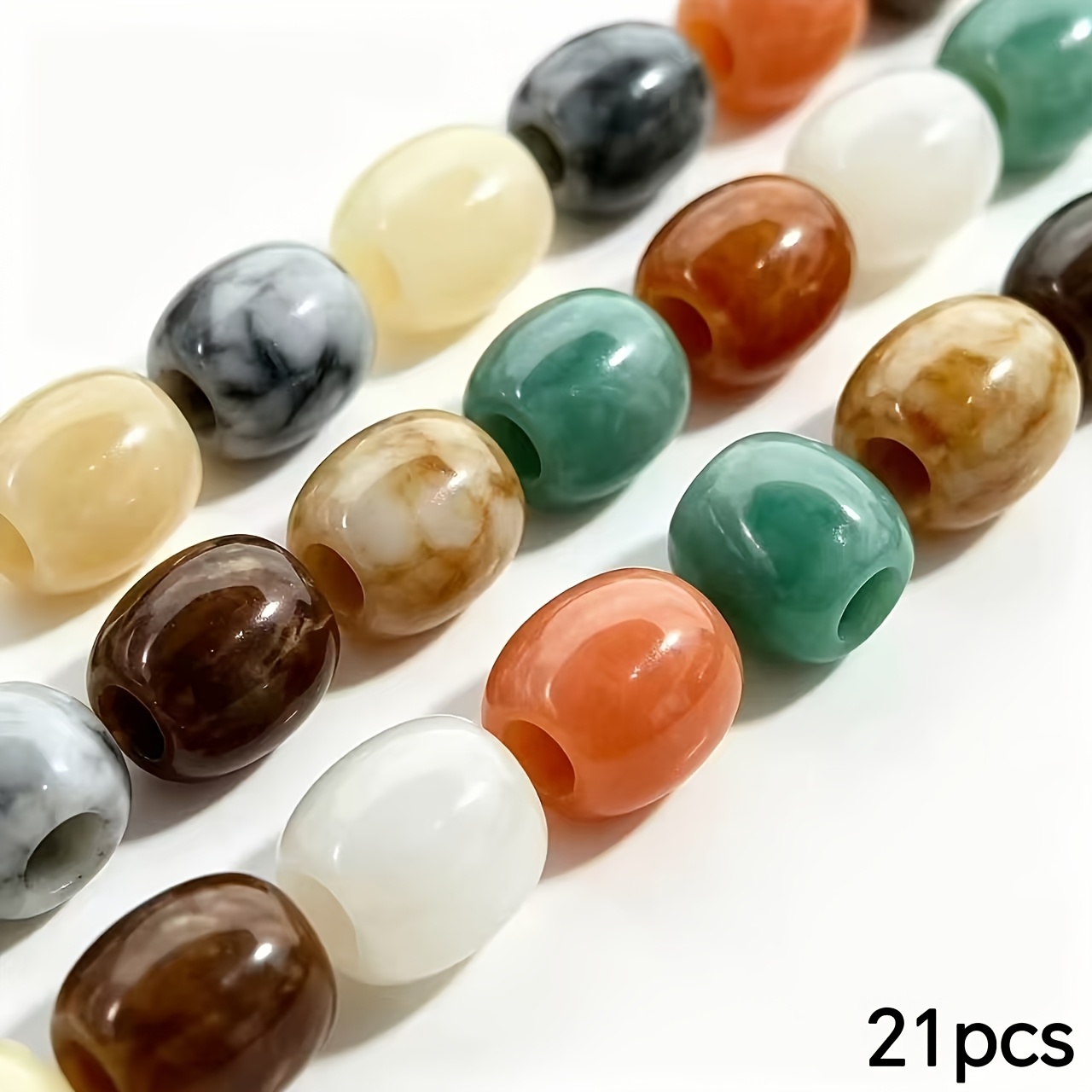 TEMU Lot de 21 perles tonneau à grand trou de 12 mm en acrylique imitation jade avec de fleurs d'encre en jaune, vert, orange, noir, blanc et café,