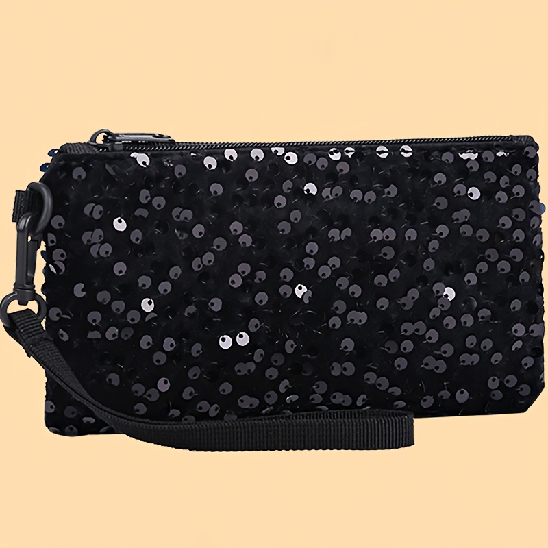 

1pc Women's Nylon Clutch Bag With Sequin , Adjustable Strap, Zipper Closure, Polyester Lining, Tassel - Phone And Money Wrist Purse