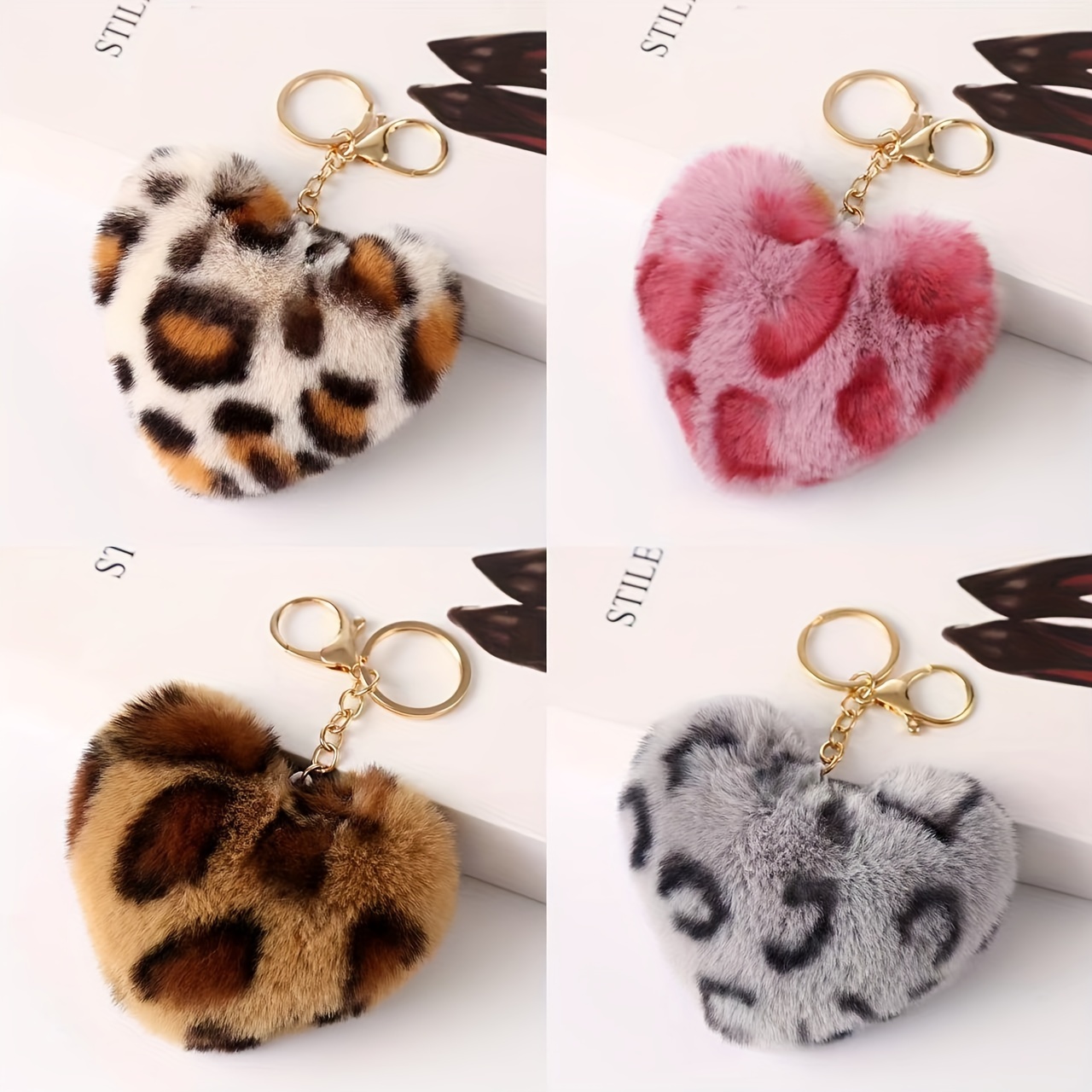 

Chic Leopard Print Heart-shaped Plush Keychain - Polyester Fiber, Car Decor & Couples' Gifts