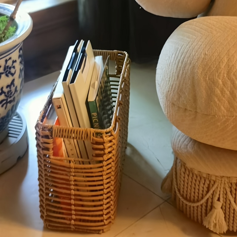 A Hand-Woven Faux Rattan Side Table Narrow Magazine Basket Storage Basket Living Room Kitchen Bathroom Entrance Multi-Scene Side Table Storage Basket Woven Basket Corner Rectangular Storage Basket Organizer Basket, Shelf Baskets
