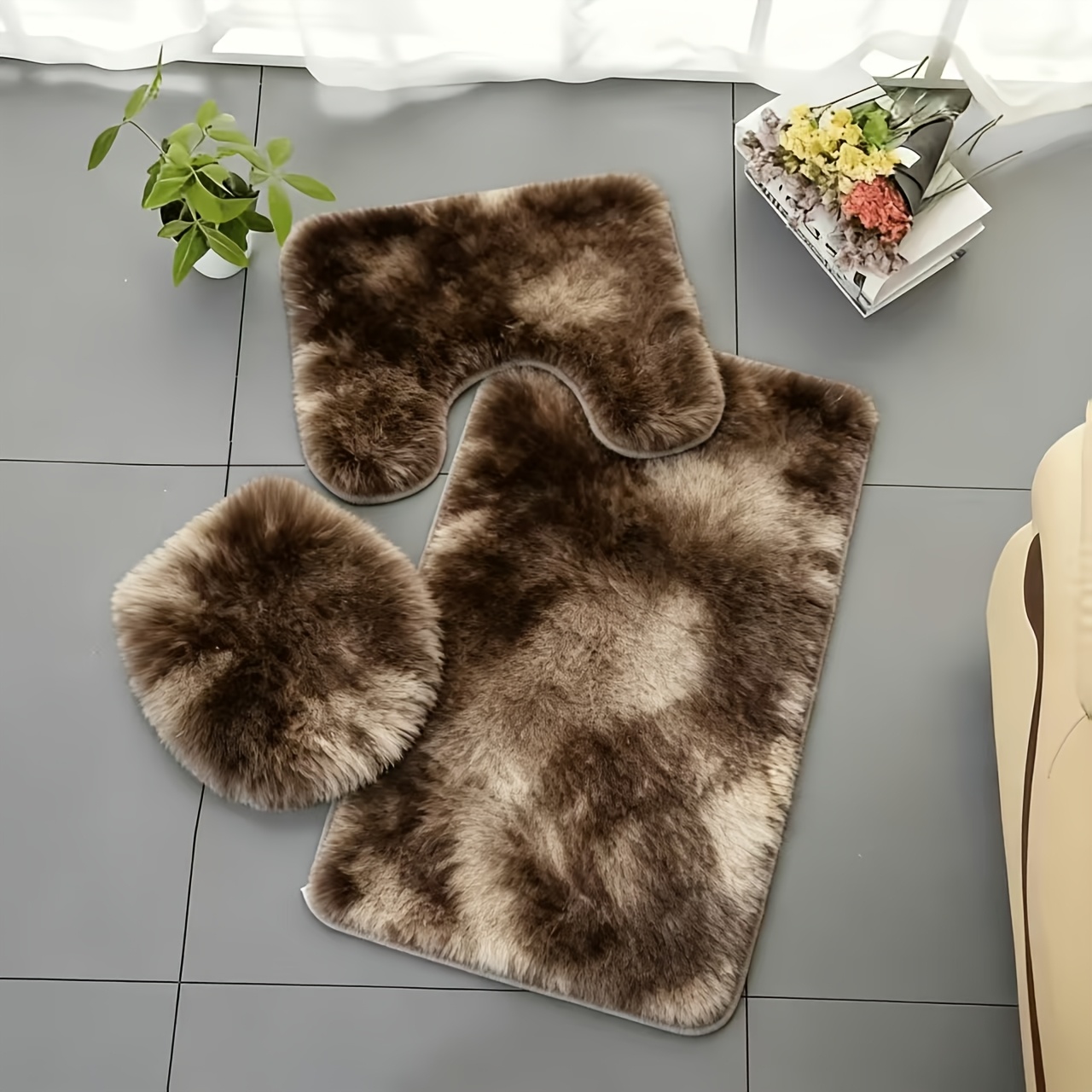 TEMU 3pcs Soft Plush Bathroom Non-slip Mat Set, Bathroom Rug Suitable For Bathtub, Shower, And Toilet, Multiple Colors Available, Durable And