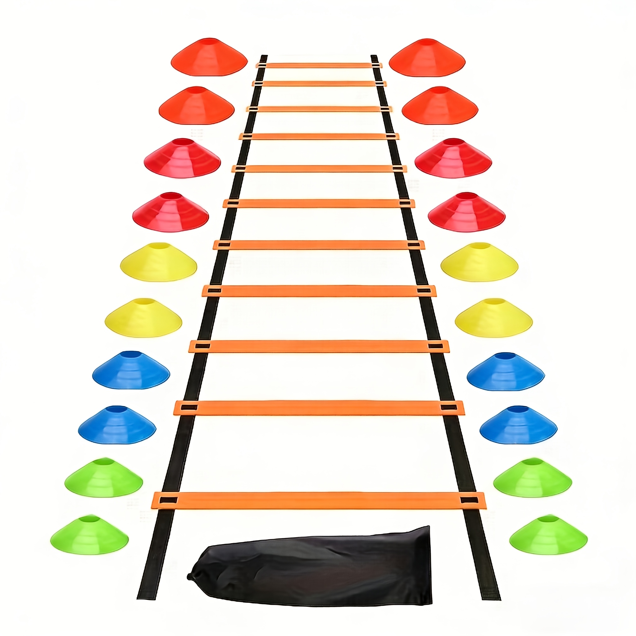 E-shop Outdoor Leiter Set: Inklusive Fußball Trainingsausrüstung - Orangefarbene Speed Leiter, Kegelmarkierung und Fußball Fitness Training Handtasche