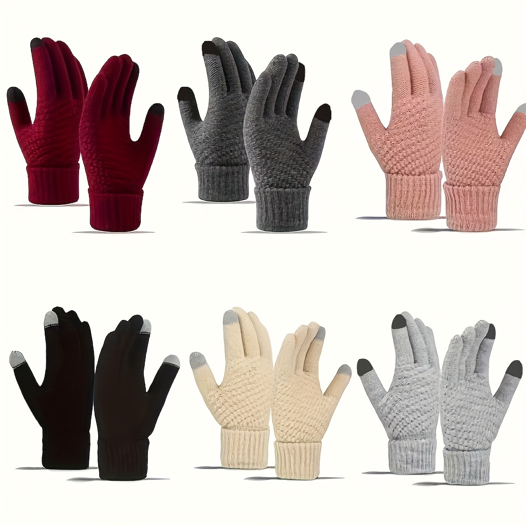 

6-pack Women' Screen Compatible Full Finger Gloves - 100% Polyester Knitted Solid Color Gloves For Mature Style - Hand Washable, , Jacquard , Warm Gloves For