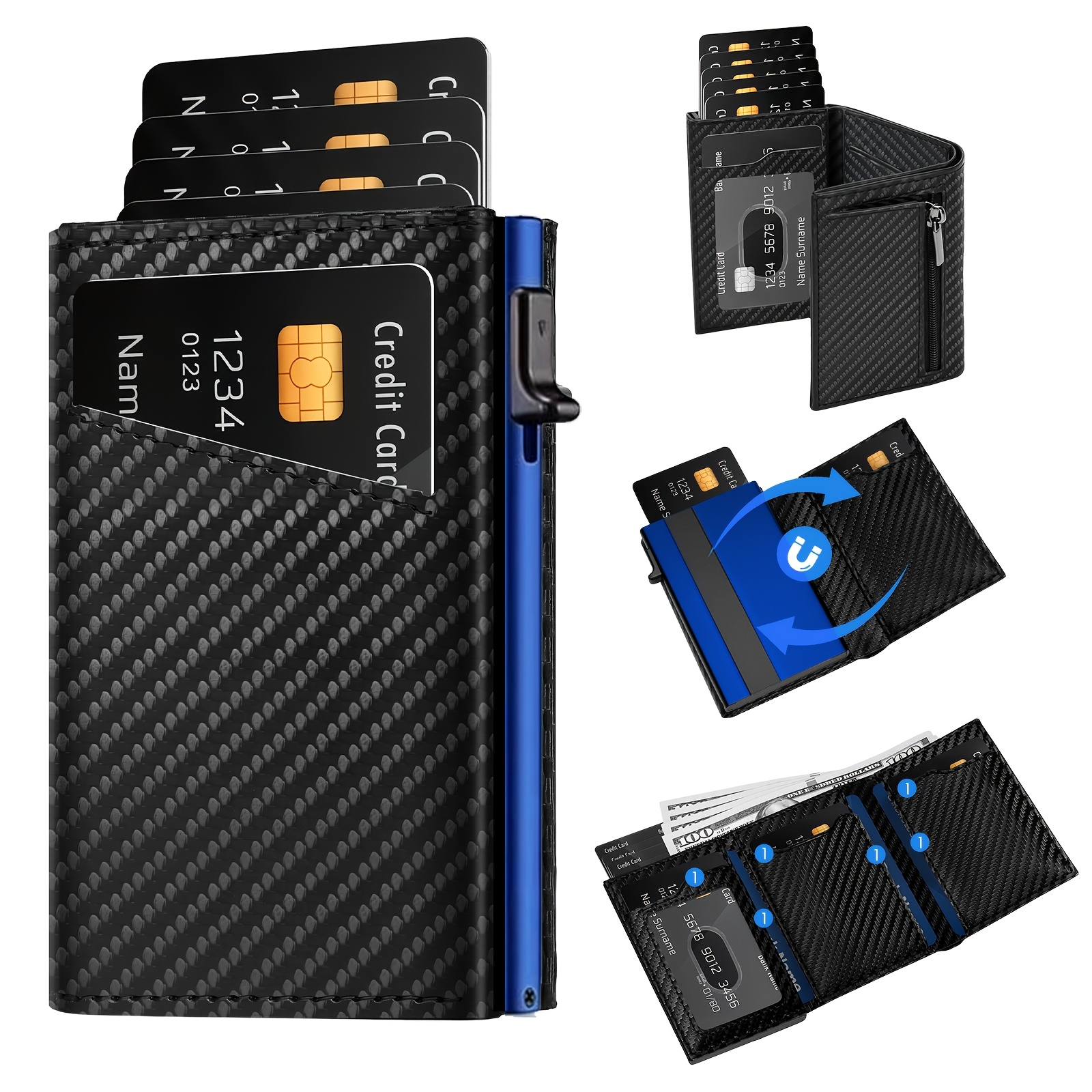 TEMU Portefeuille Pop-Up Moderne en Fibre de Noire et Aluminium Rouge, Orange et Bleu, Porte-Cartes de Crédit avec Étui Métallique à Blocage RFID et
