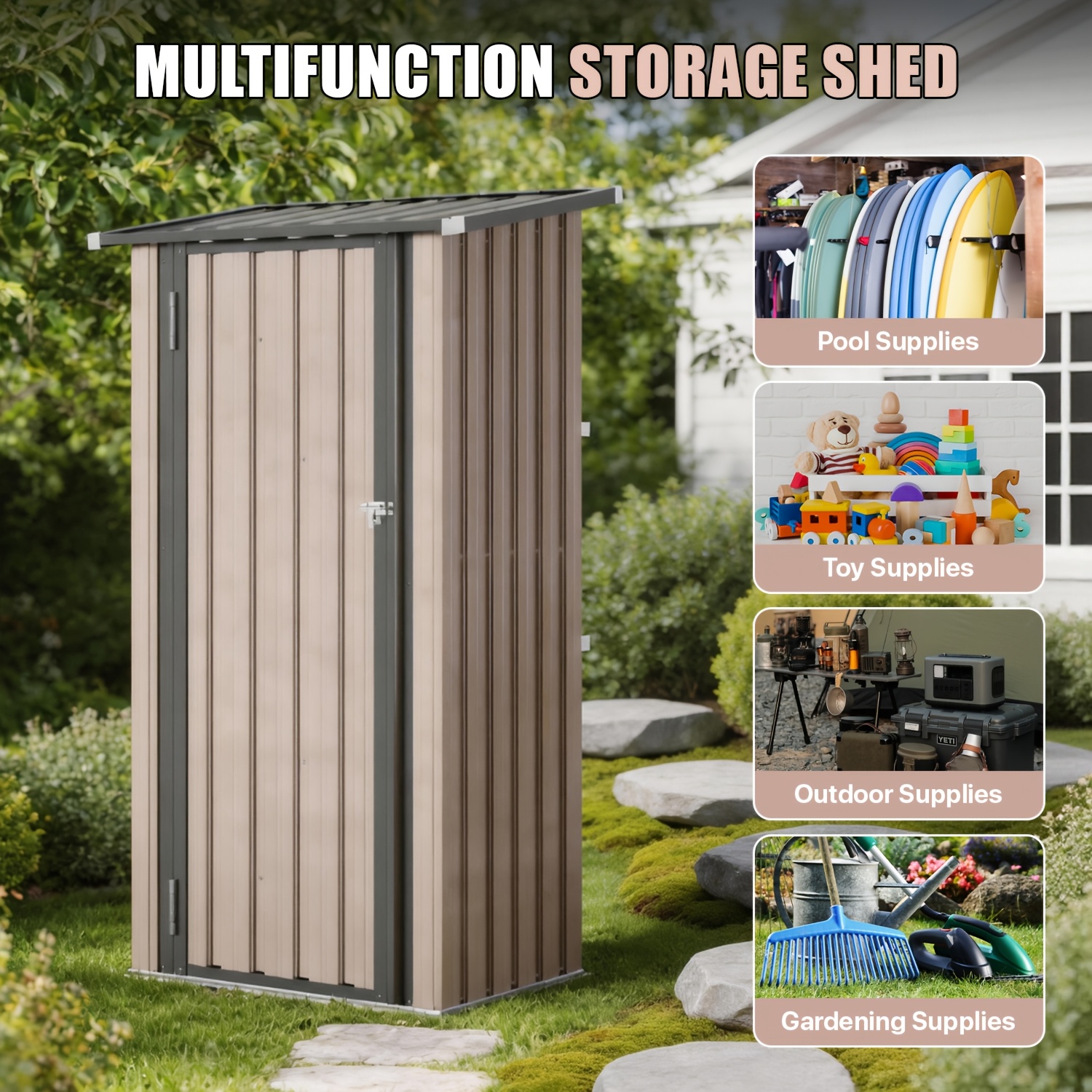 Image of Outdoor Metal Storage Shed With Lockable Doors, 100 X 103 X 160 Cm Metal Sheds Outdoor Storage, Steel Shed For Patio, Garden, Backyard And Lawn, Brown Temporary Removable
