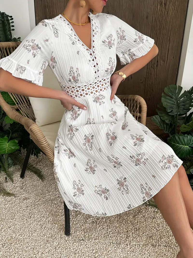 contrast lace floral print dress Skyraze Women's Cream Summer Casual Flowy Floral Print Contrast Lace Sleeveless Midi Dress,Elegant Party Picnic Wedding Guest Graduation Cottagecore Dress