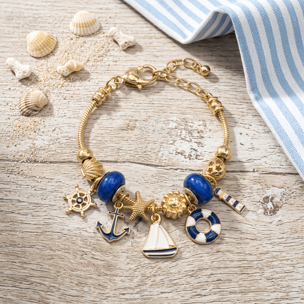 Nautical Blue Sailboat Lighthouse Anchor Bead Pendant Bracelet