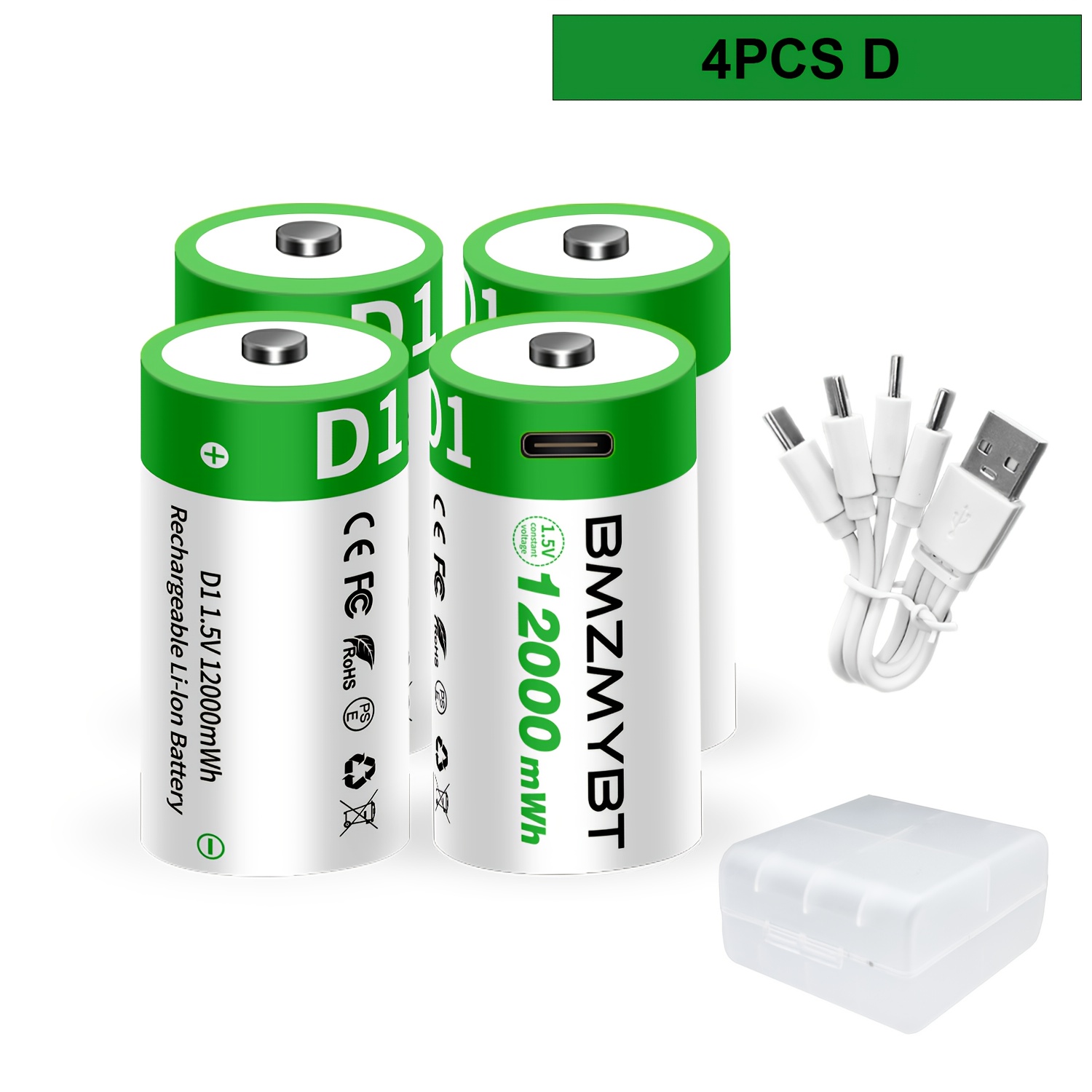 TEMU 4pcs D Battery D Batteries, Usb/type-c D Rechargeable Lithium , High Capacity 1.5v 12000mwh Rechargeable, 3 Hours Fast Charge, Output, Long