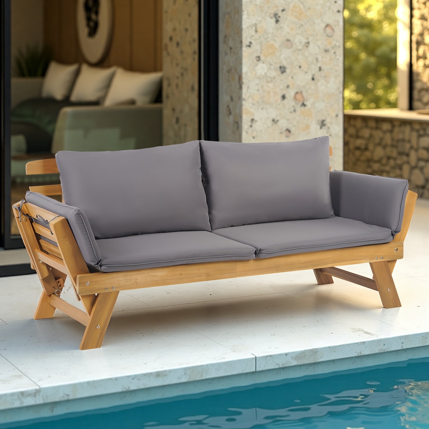 outdoor seating arrangement featuring a wooden sofa bed with adjustable settings complete with plush cushions ideal for two individuals   small spaces like   backyards or by the pool