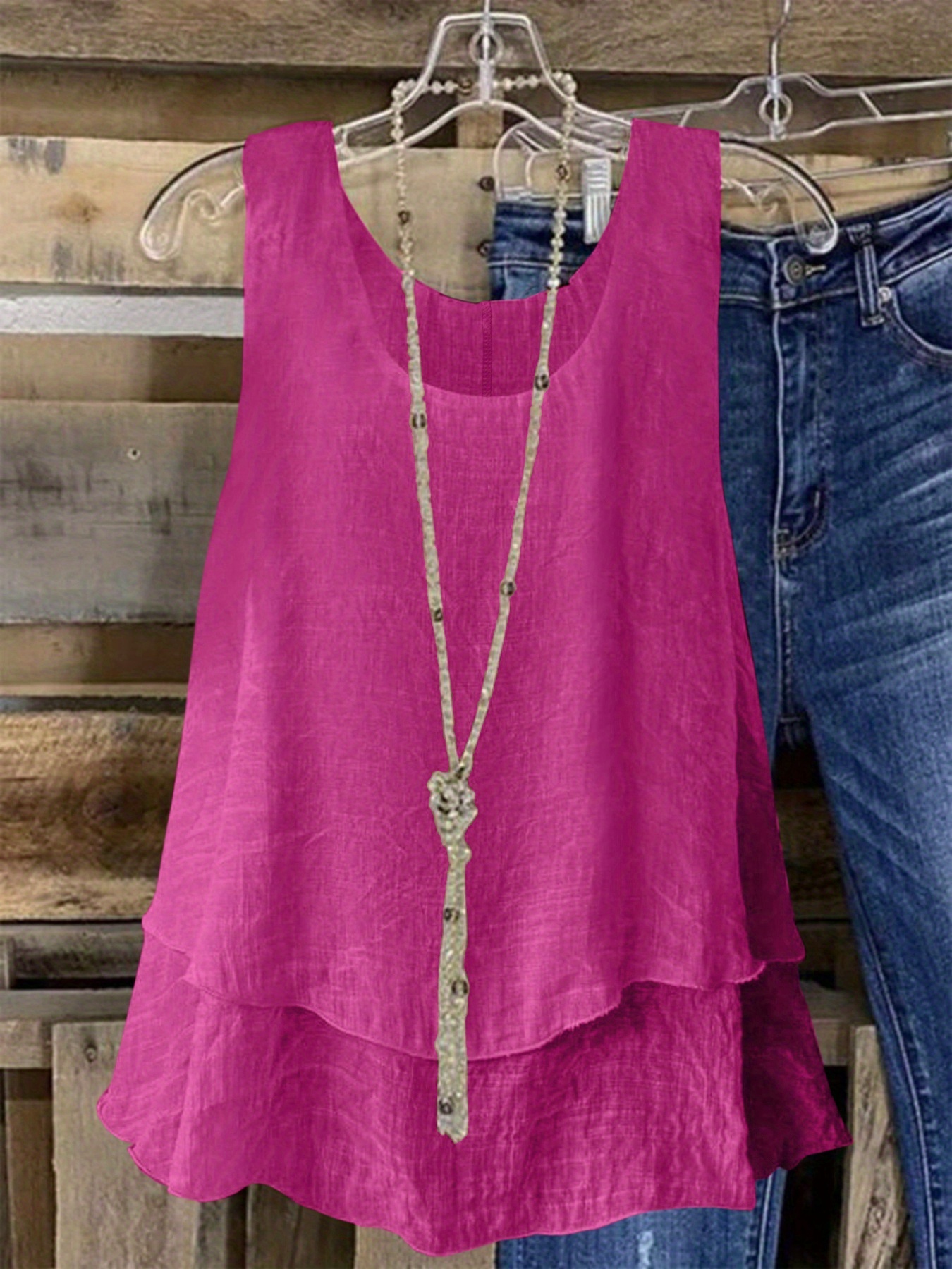 Women's Plus Size Sleeveless Elegant Top - Lightweight Breathable Blue Round Neck Vest, Machine Washable Spring Summer Casual Wear, Elegant Special Line Collection, Sophisticated Design, Textured Fabric