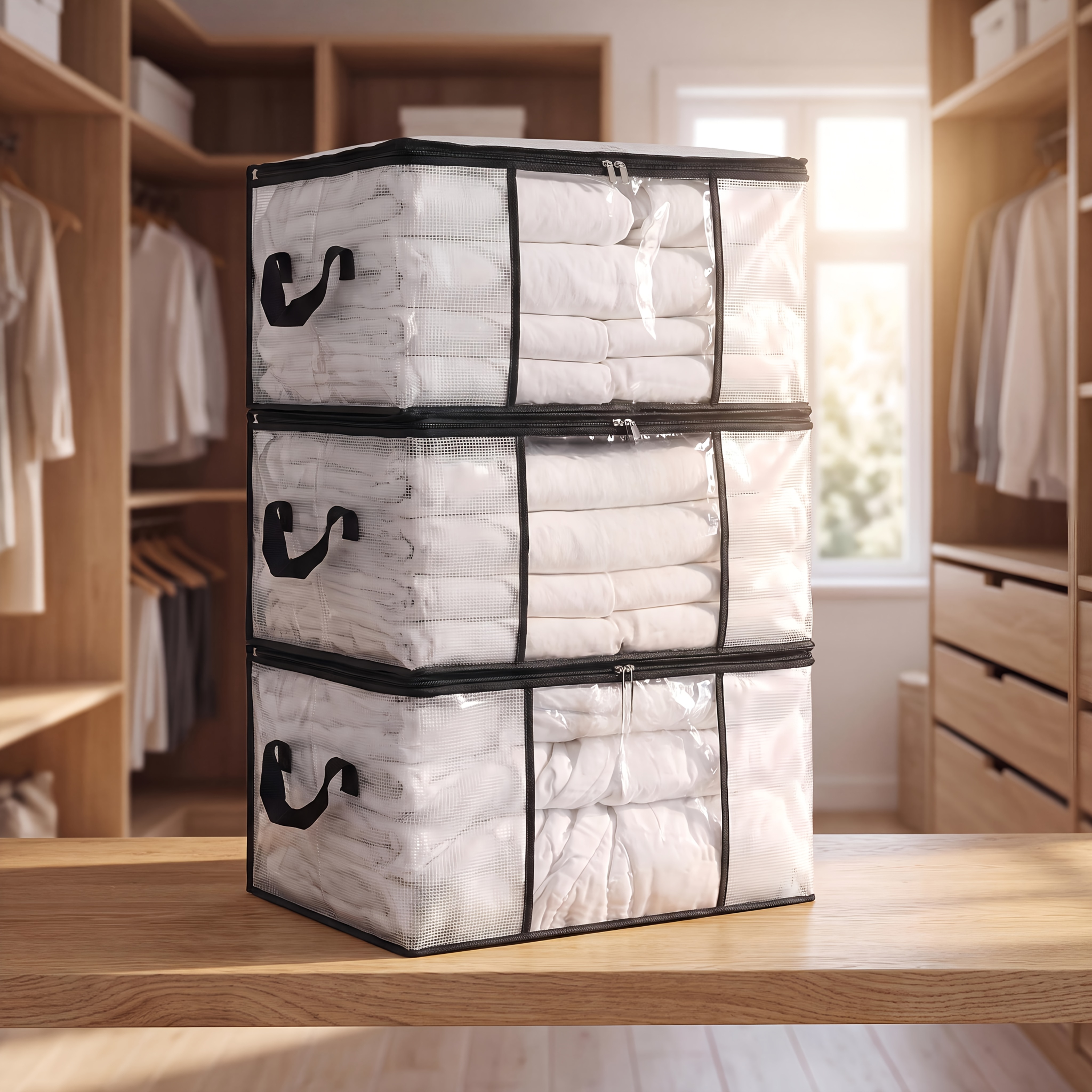 Image of 3pcs Large Storage Bag Wardrobe Organizer Set, Foldable Clothes Storage With Reinforced Handle And Zipper, For Clothes, Bed Linen, Bed Blankets, Quilt