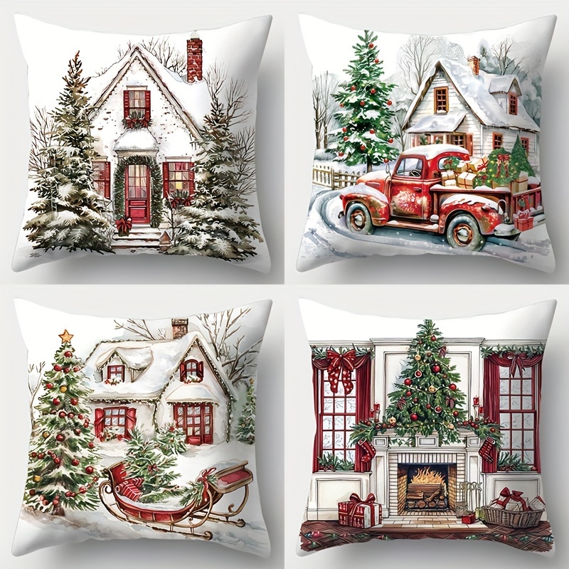 TEMU 4 Stück Neue Weihnachtliche Kreative Kissenbezüge, 17,72 x 17,72 cm, geeignet für Wohnzimmer-Sofas, Betten, Schlafzimmer, Wohnaccessoires, ohne