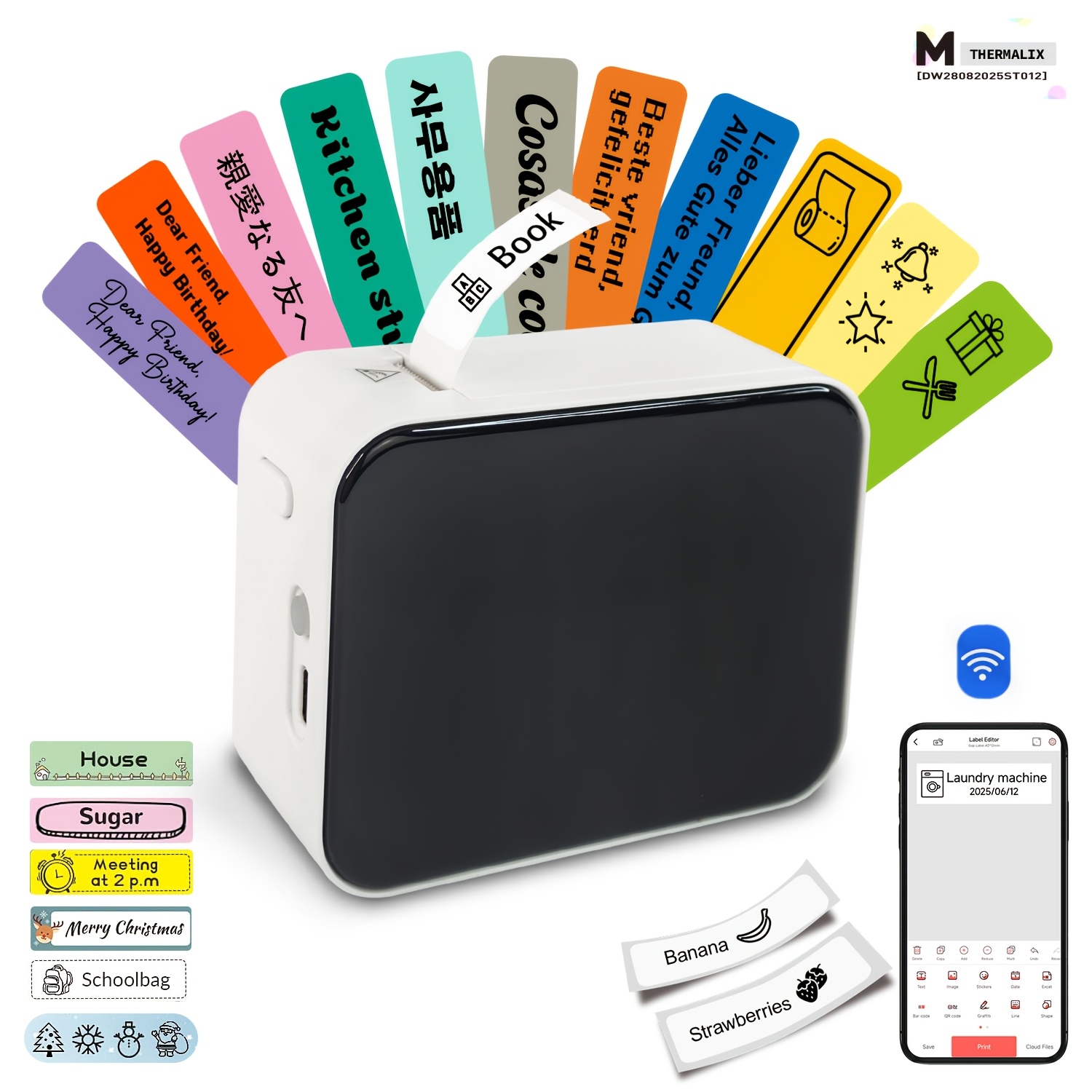 Produktbild von Thermo-Etikettendrucker – Tragbarer Kabelloser Aufkleberdrucker, App-gesteuert, Inkl. 3 Rollen 57mm-Papier, Für Schule, DIY & Organisation