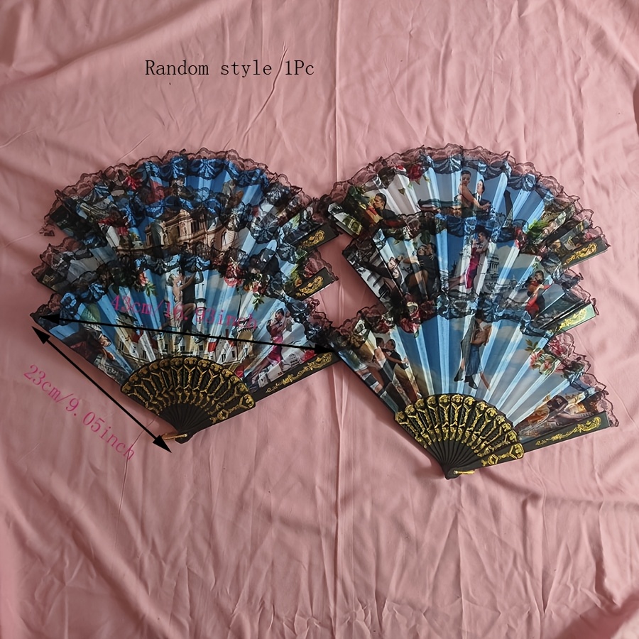 Random Style 1pc Plastic Lace Folding Fan Spanish Character Landscape Folding Fan Manual Fan Handheld Fans Home Decoration Lace Hand Fans Party Performance Props For Women