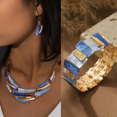 alloy enamel geometric 3pcs jewelry sets 1 pair earrings 1 necklace 1 bracelet fashion necklaces set for women trendy valentines day gift birthday gift perfect family gift christmas thanksgiving and new year gift