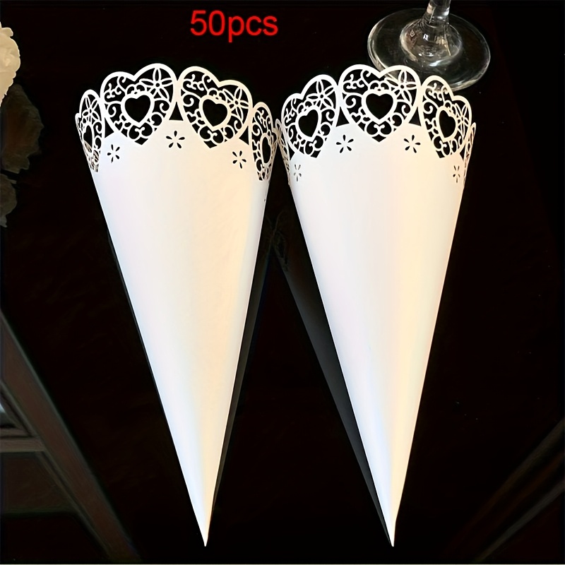 Image of 50pcs, Wedding Laser Cut Flower White Heart-shaped Cone Paper Lace Rice Flower Tubes, Birthday Party, Gathering And Other Small Festival Decorative Flower Tubes