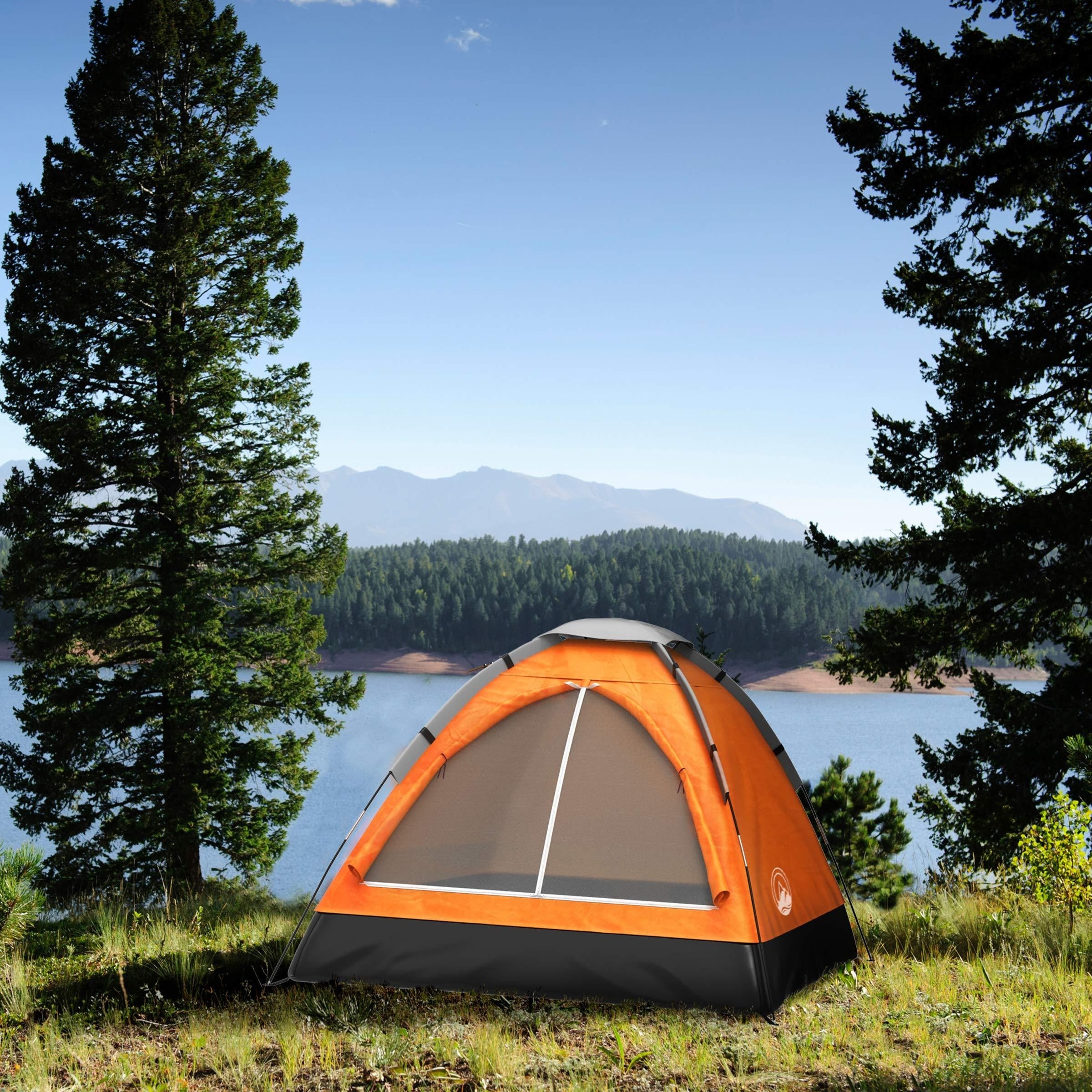 2 person camping tent includes rain fly and carrying bag lightweight compact outdoor tent for backpacking hiking or beaches by   orange check out today s deals now details 0