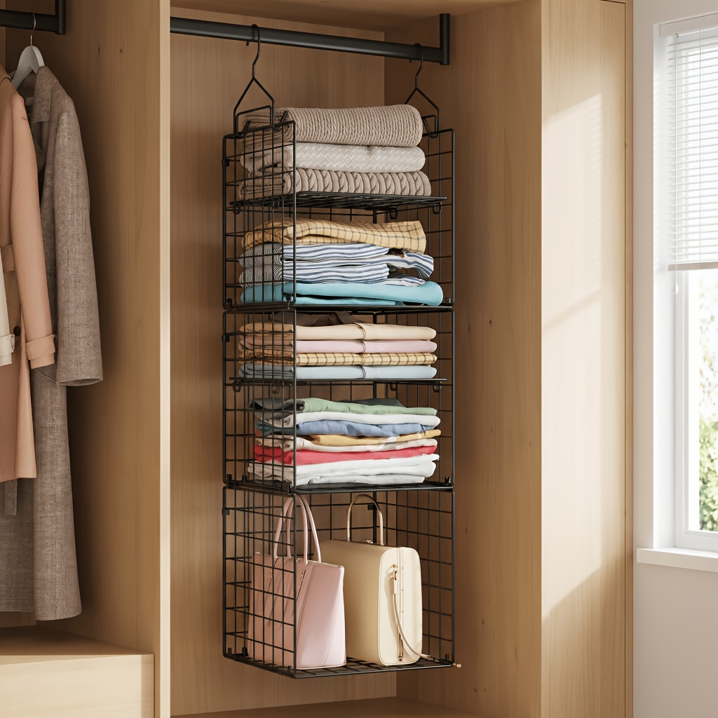 Wall-mounted Wardrobe Storage Rack, 5-layer Adjustable Folding Golden Metal Wardrobe Hanging Storage Basket Suitable For Clothes, Sweaters, Shoes, Bags